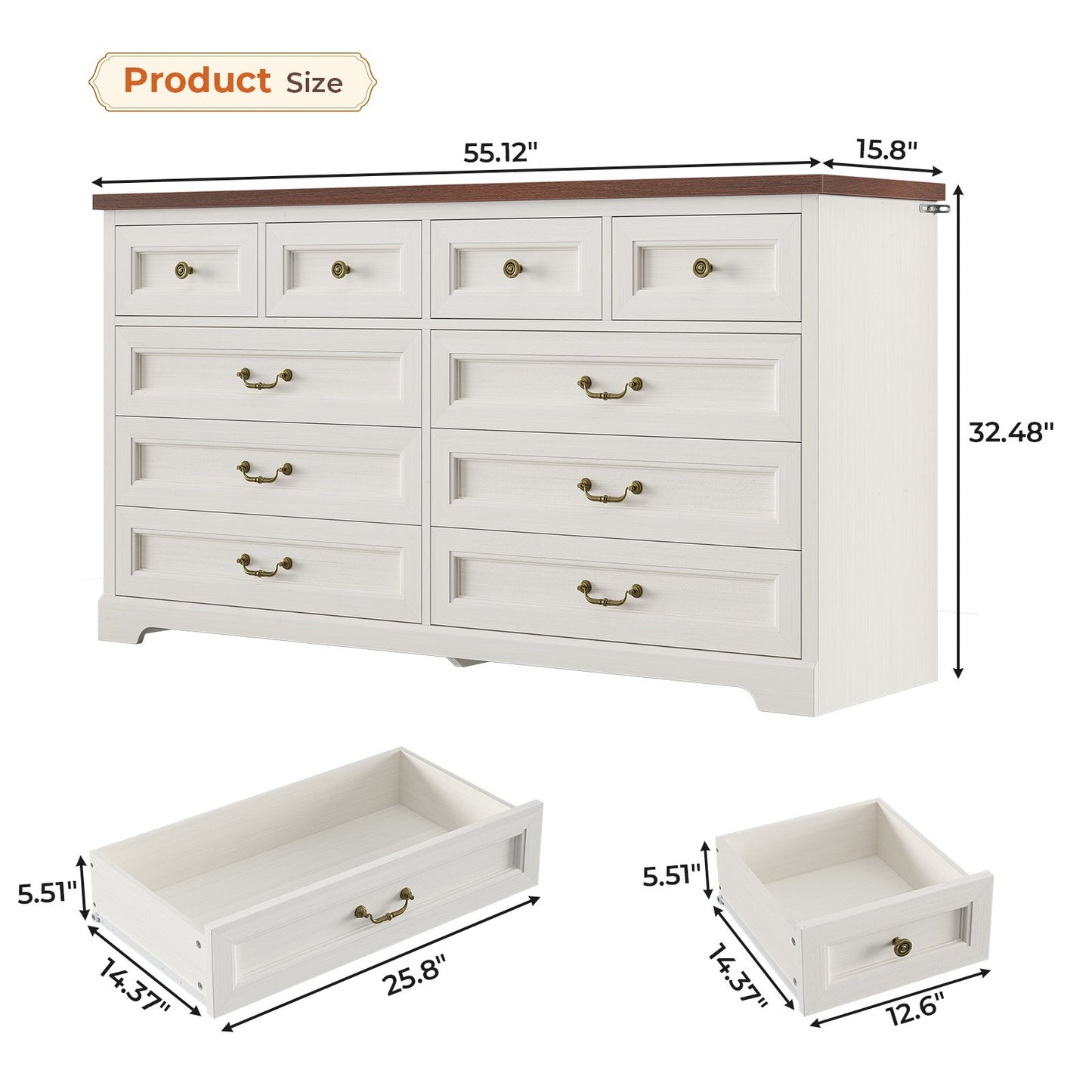 Hasuit | 55.1 Inch Wide Farmhouse 10 Drawer Dresser Rustic Wood Dressers Chest of Drawers Storage Cabinet for Bedroom Hallway