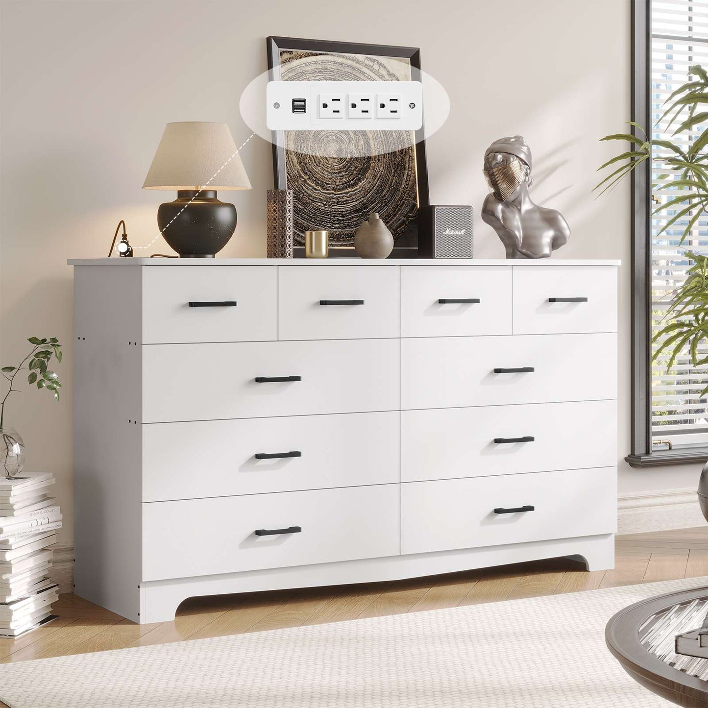 Hasuit | 55.1 Inch Wide 10 Drawer Dresser Large Chest of Drawers with Charging Station Wide Storage Clothes Closet Organizer