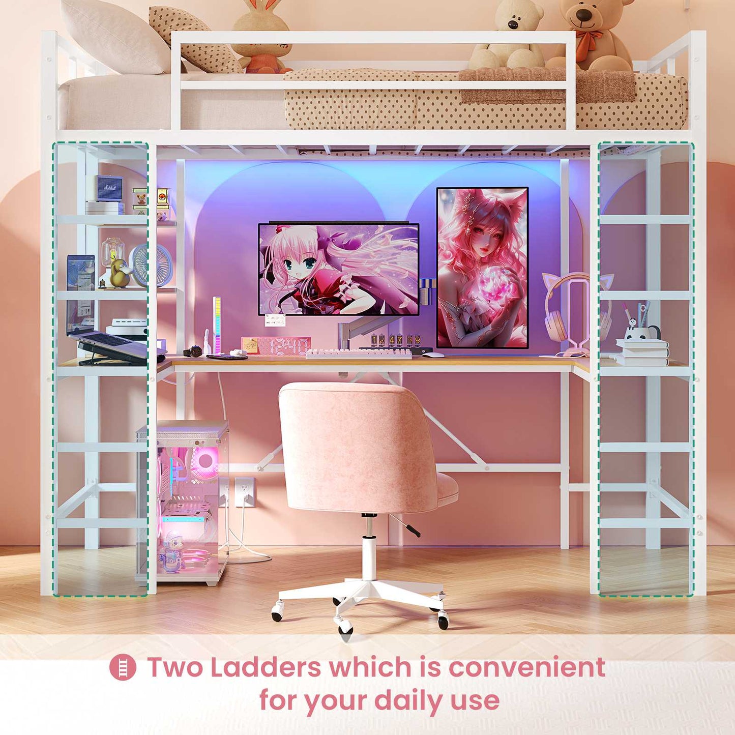 Hasuit | Twin Size Loft Bed with Desk U-Shaped Heavy Duty Metal Frame & Built-in Charging Station Safety Guardrails and Open Shelves