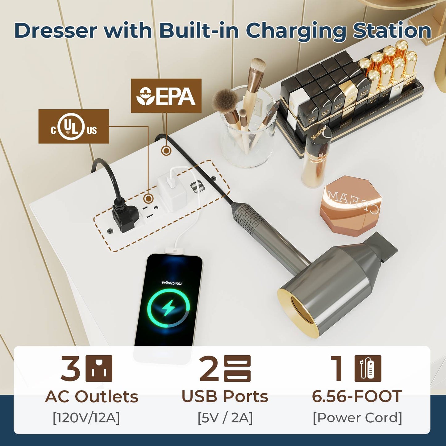 Hasuit | 55.1 Inch Wide 10 Drawer Dresser Large Chest of Drawers with Charging Station Wide Storage Clothes Closet Organizer
