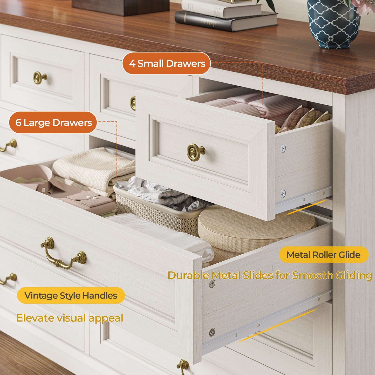 Hasuit | 55.1 Inch Wide Farmhouse 10 Drawer Dresser Rustic Wood Dressers Chest of Drawers Storage Cabinet for Bedroom Hallway