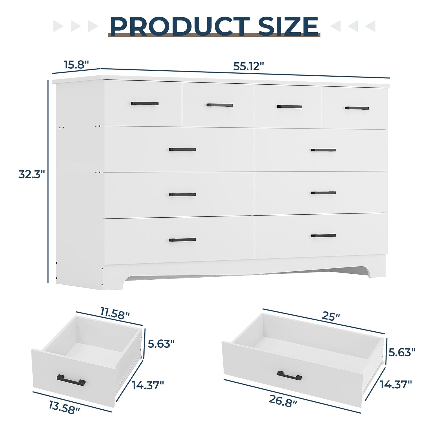 Hasuit | 55.1 Inch Wide 10 Drawer Dresser Large Chest of Drawers with Charging Station Wide Storage Clothes Closet Organizer