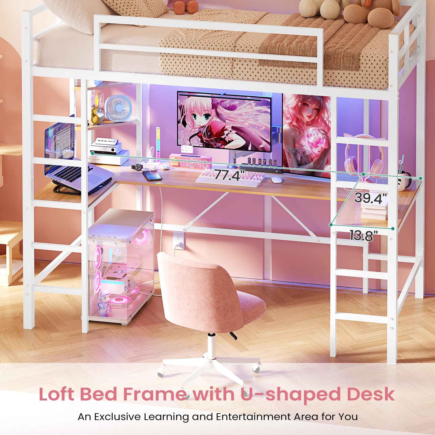 Hasuit | Twin Size Loft Bed with Desk U-Shaped Heavy Duty Metal Frame & Built-in Charging Station Safety Guardrails and Open Shelves
