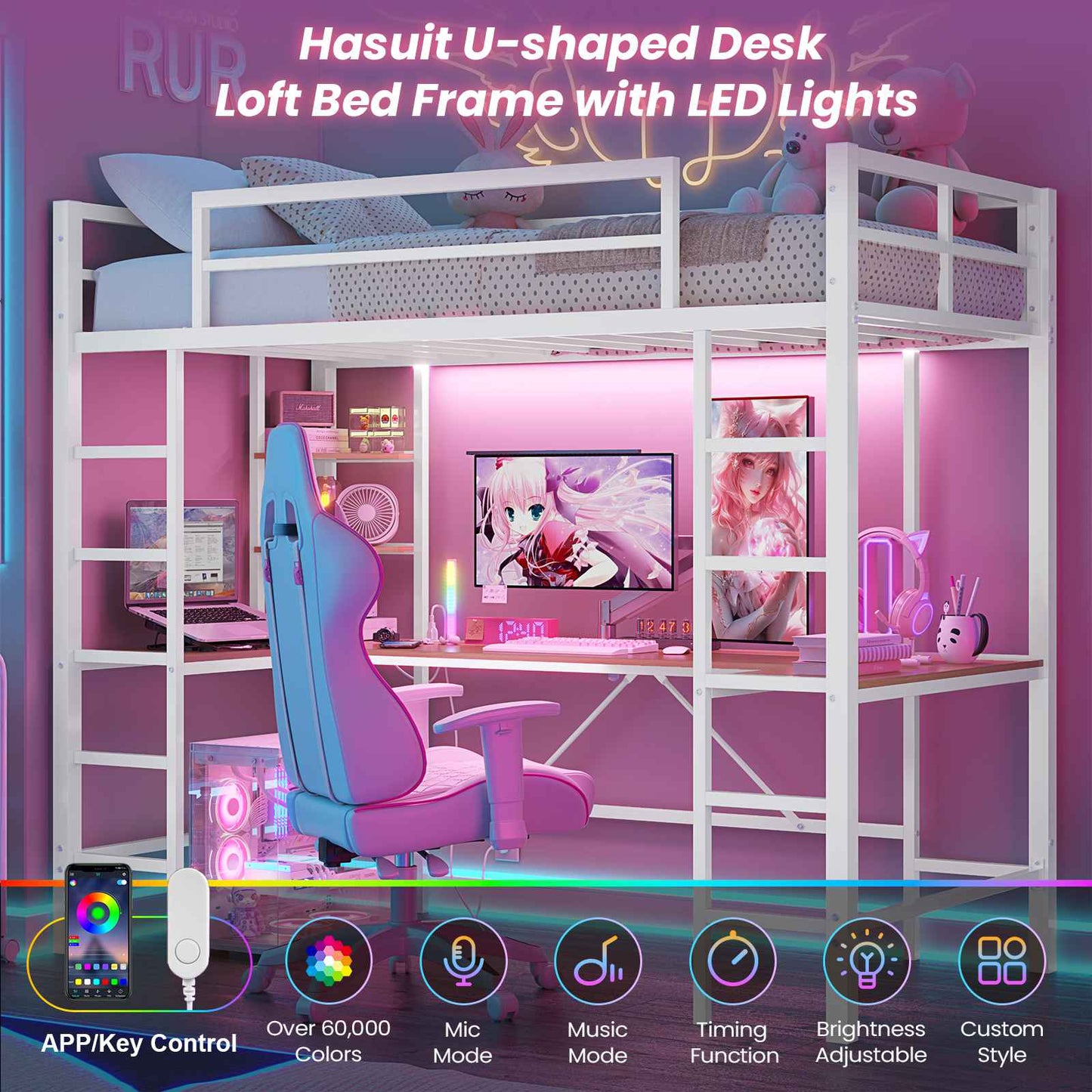 Hasuit | Twin Size Loft Bed with Desk U-Shaped Heavy Duty Metal Frame & Built-in Charging Station Safety Guardrails and Open Shelves
