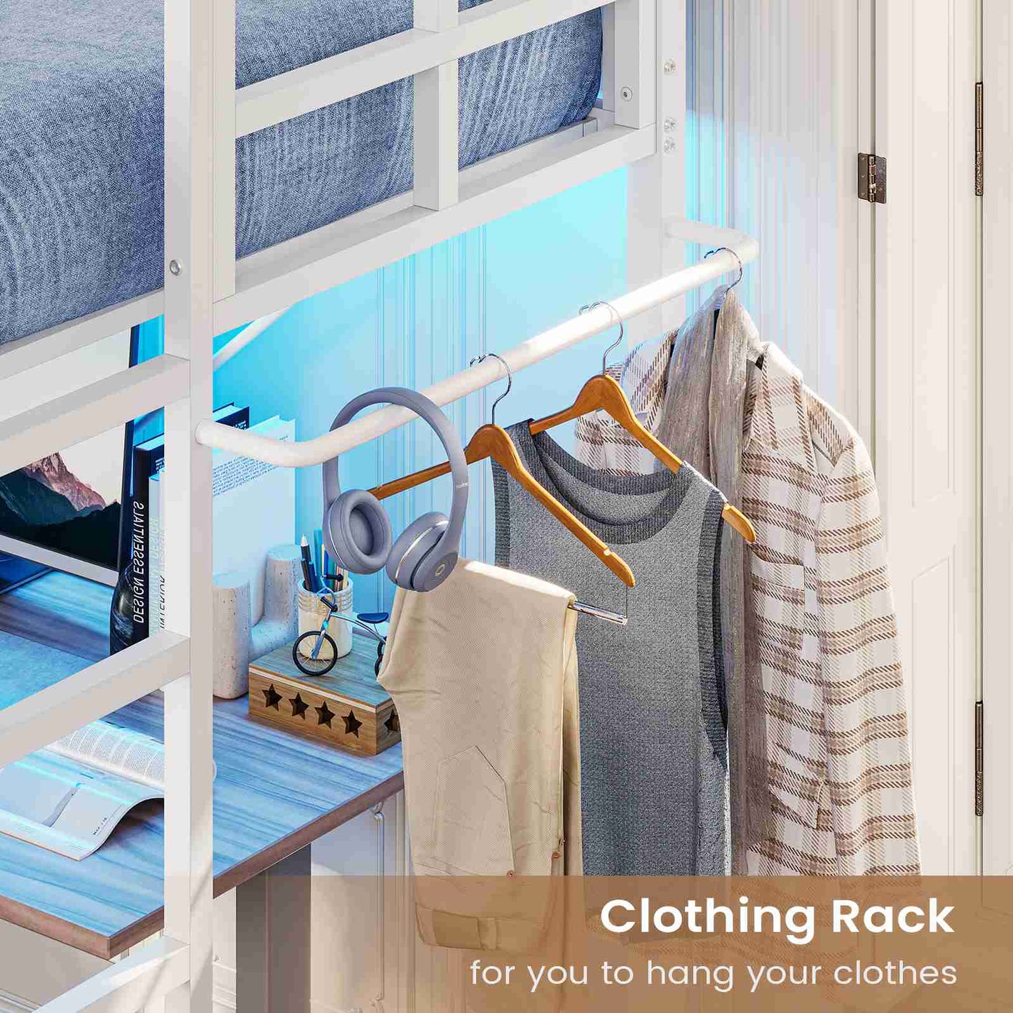 Hasuit | Twin Loft Bed with LED Lights Metal Loft Bed Twin Size with Full-Length Guardrail &Clothes Rack No Box Spring Needed