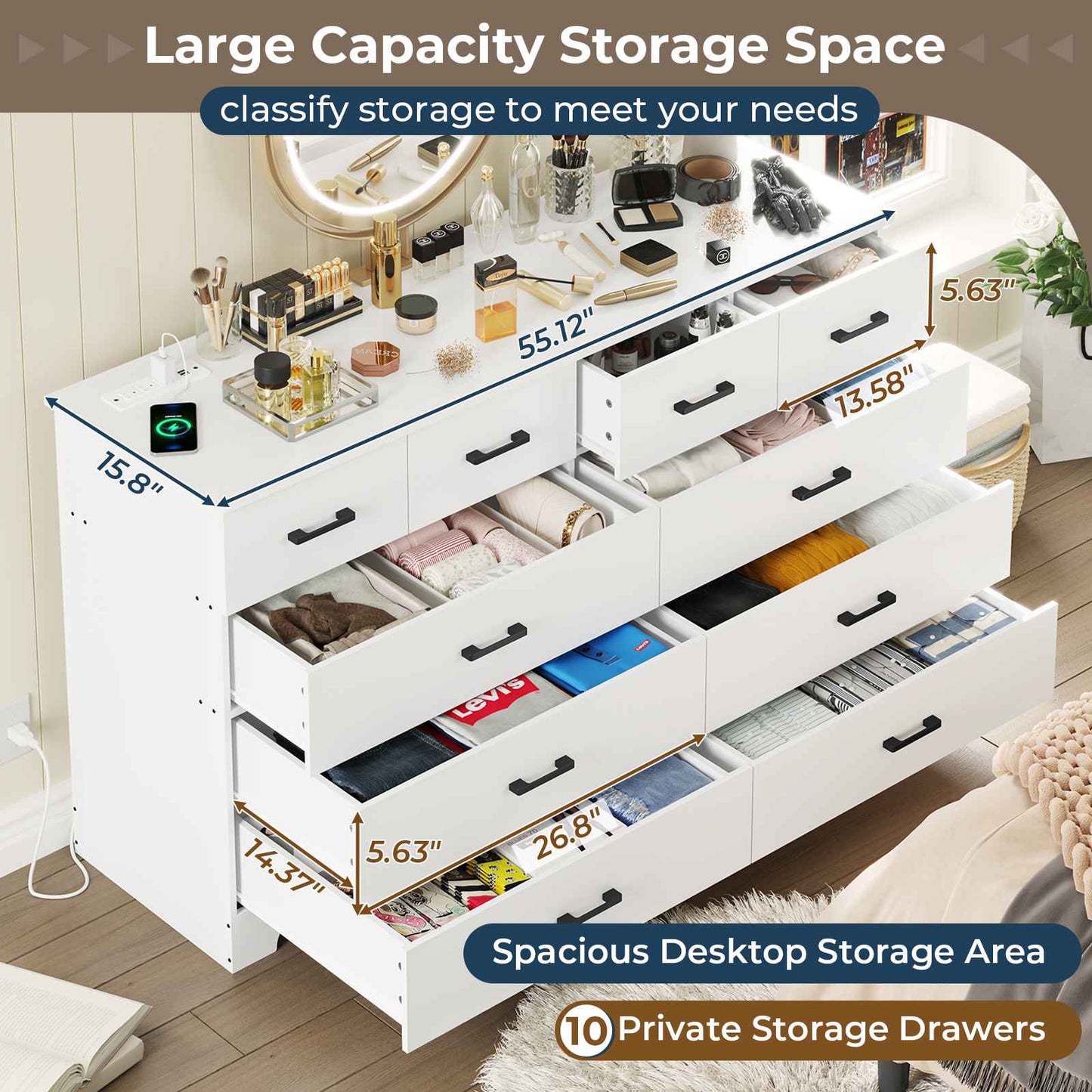 Hasuit | 55.1 Inch Wide 10 Drawer Dresser Large Chest of Drawers with Charging Station Wide Storage Clothes Closet Organizer
