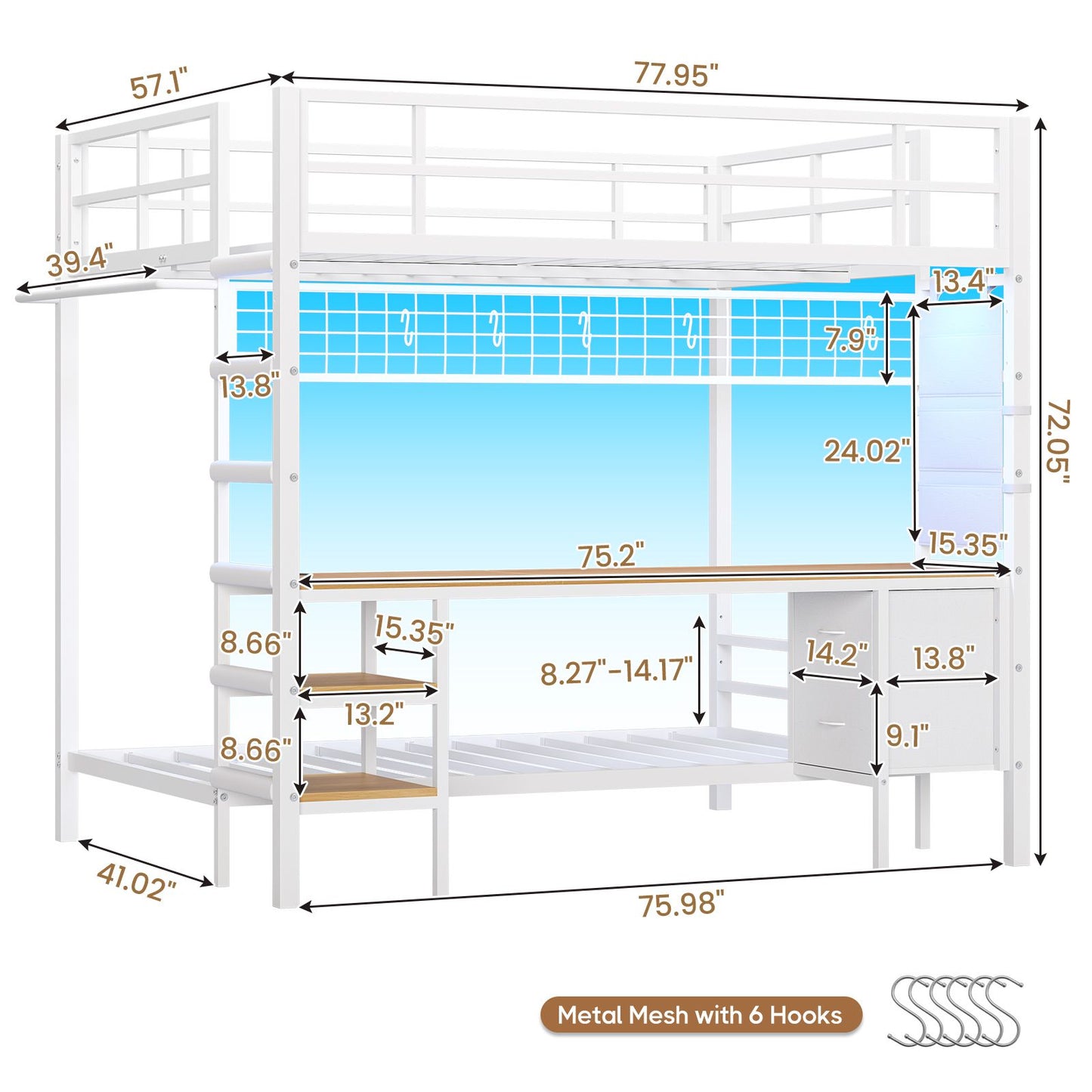 Hasuit | Full Over Twin Bunk Bed with Desk Convertible Storage Shelf Metal Loft Bed with Led Lights & Charging Station Bunk Beds for Teens with Safety Guard & Stairs