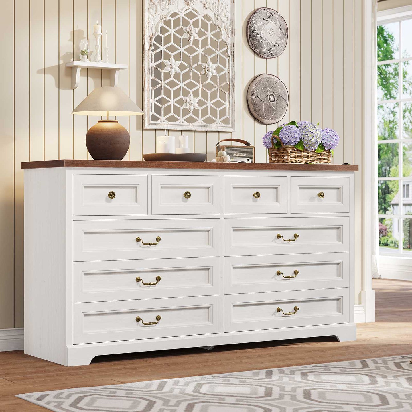 Hasuit | 55.1 Inch Wide Farmhouse 10 Drawer Dresser Rustic Wood Dressers Chest of Drawers Storage Cabinet for Bedroom Hallway