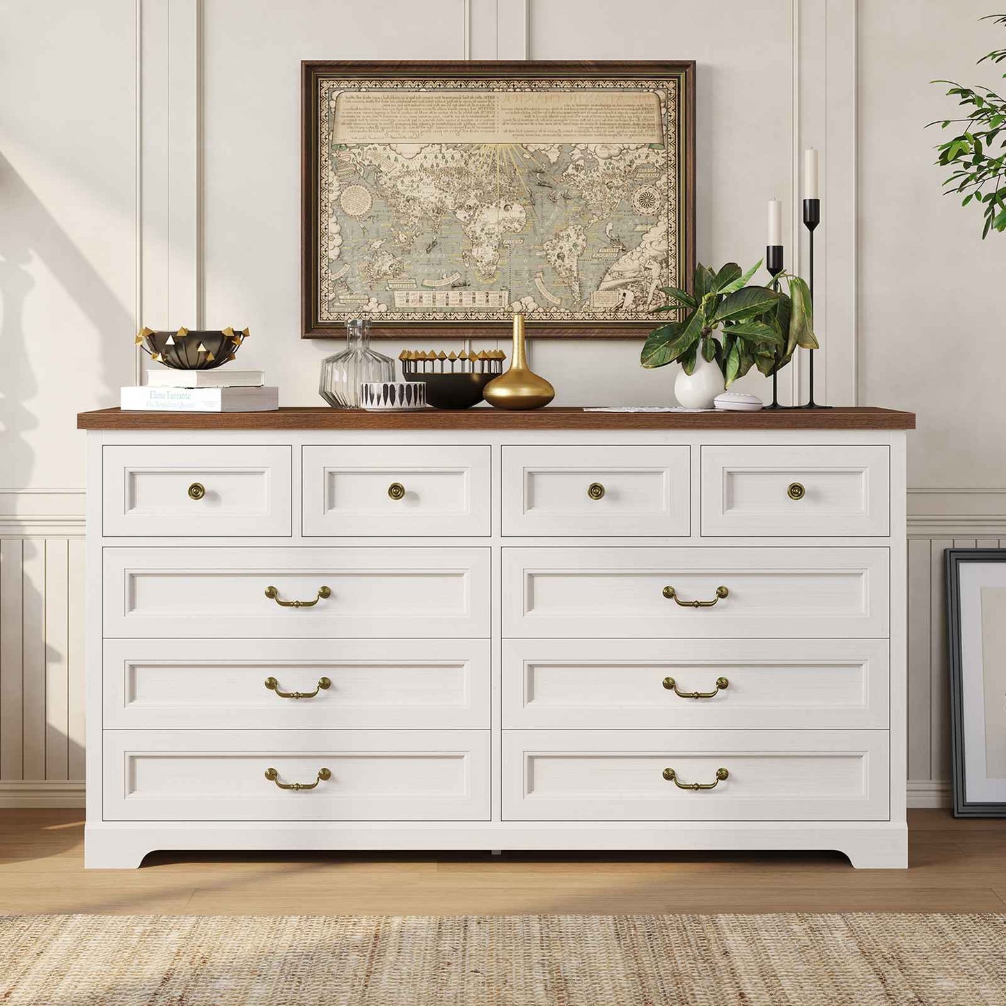 Hasuit | 55.1 Inch Wide Farmhouse 10 Drawer Dresser Rustic Wood Dressers Chest of Drawers Storage Cabinet for Bedroom Hallway