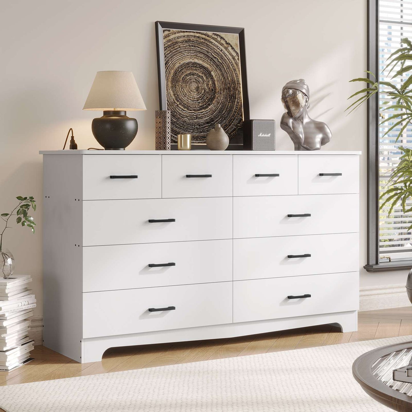 Hasuit | 55.1 Inch Wide 10 Drawer Dresser Large Chest of Drawers with Charging Station Wide Storage Clothes Closet Organizer