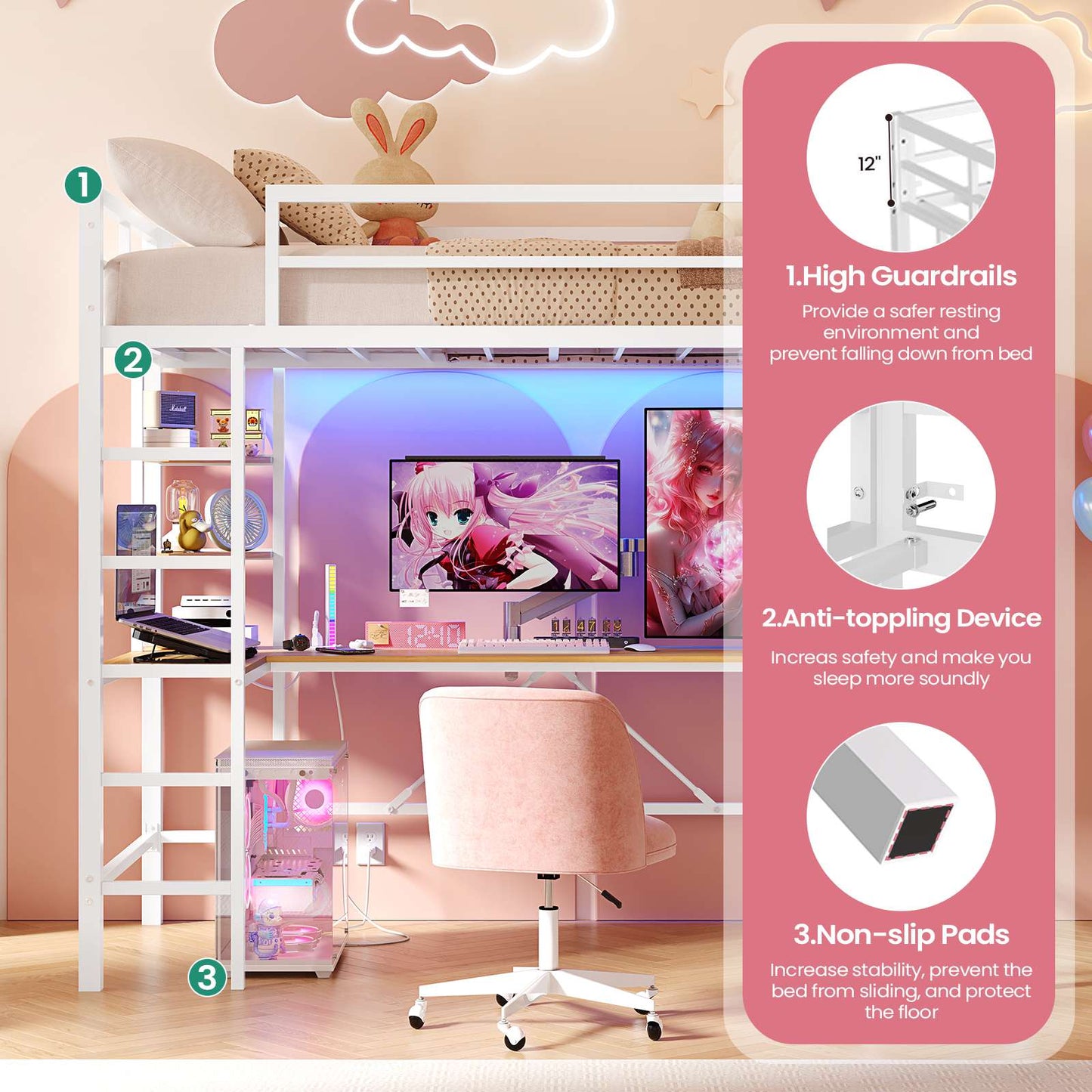 Hasuit | Twin Size Loft Bed with Desk U-Shaped Heavy Duty Metal Frame & Built-in Charging Station Safety Guardrails and Open Shelves