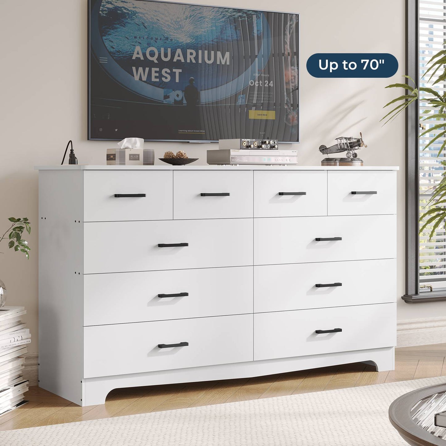 Hasuit | 55.1 Inch Wide 10 Drawer Dresser Large Chest of Drawers with Charging Station Wide Storage Clothes Closet Organizer