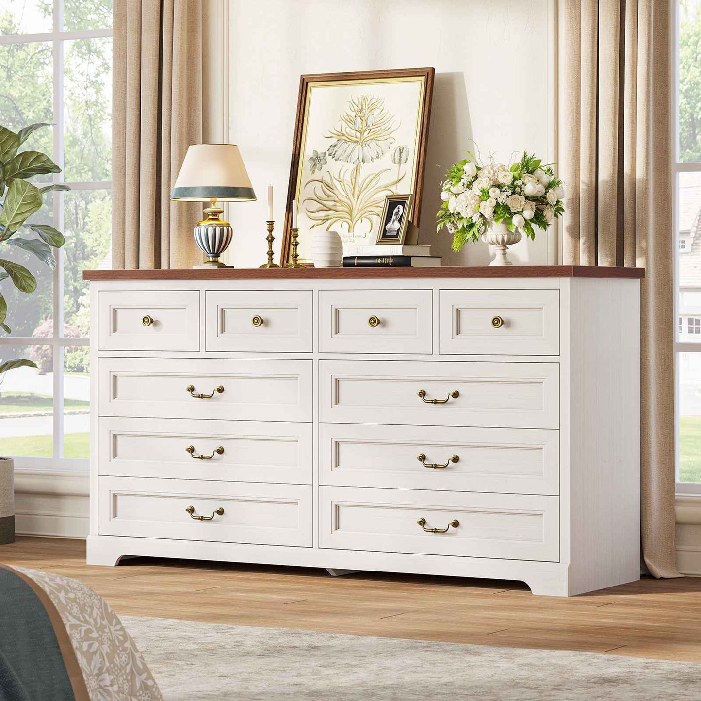 Hasuit | 55.1 Inch Wide Farmhouse 10 Drawer Dresser Rustic Wood Dressers Chest of Drawers Storage Cabinet for Bedroom Hallway