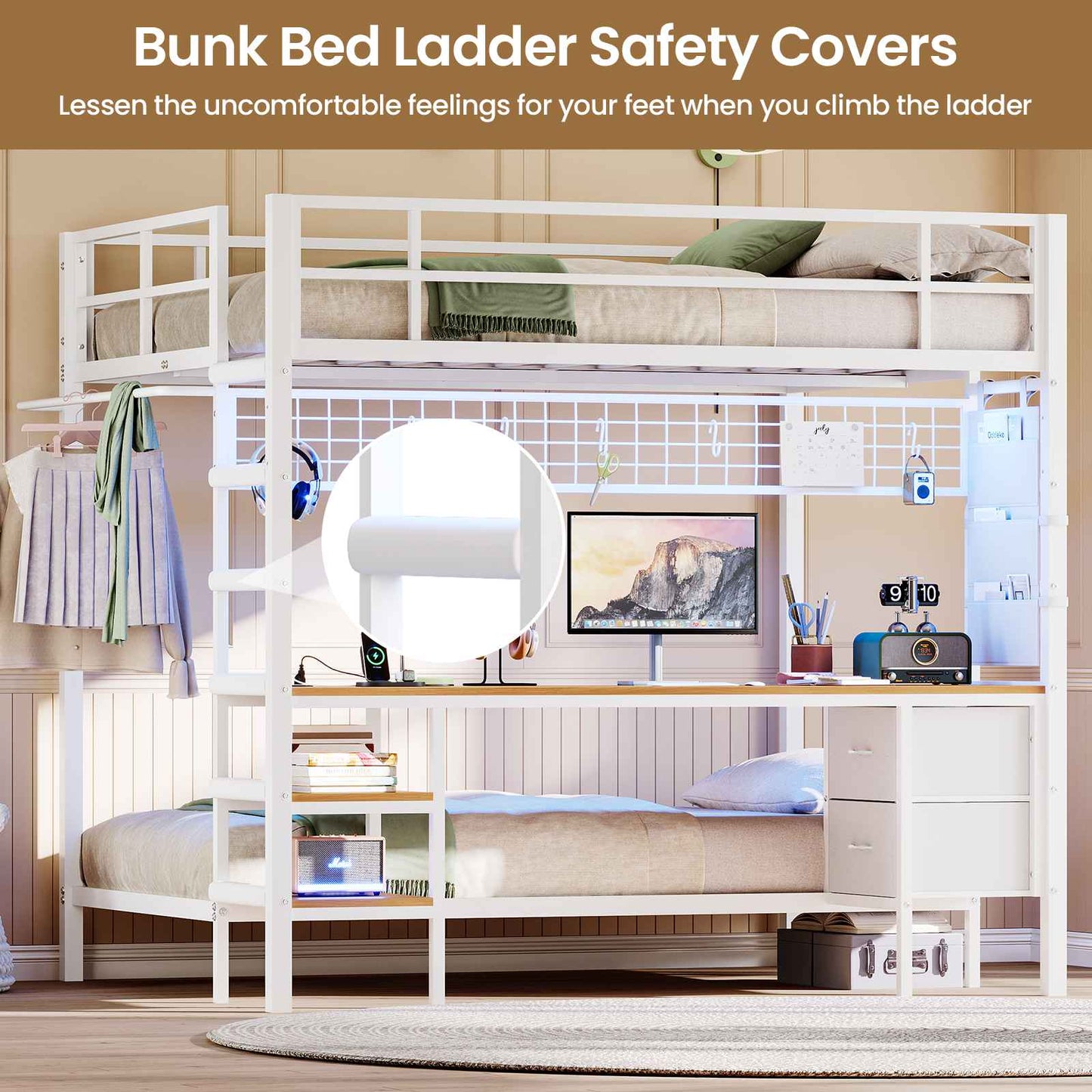 Hasuit | Full Over Twin Bunk Bed with Desk Convertible Storage Shelf Metal Loft Bed with Led Lights & Charging Station Bunk Beds for Teens with Safety Guard & Stairs