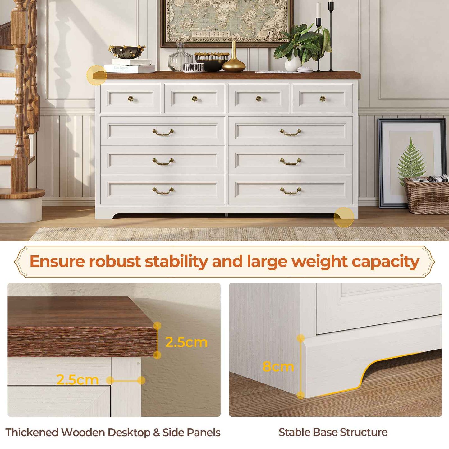 Hasuit | 55.1 Inch Wide Farmhouse 10 Drawer Dresser Rustic Wood Dressers Chest of Drawers Storage Cabinet for Bedroom Hallway