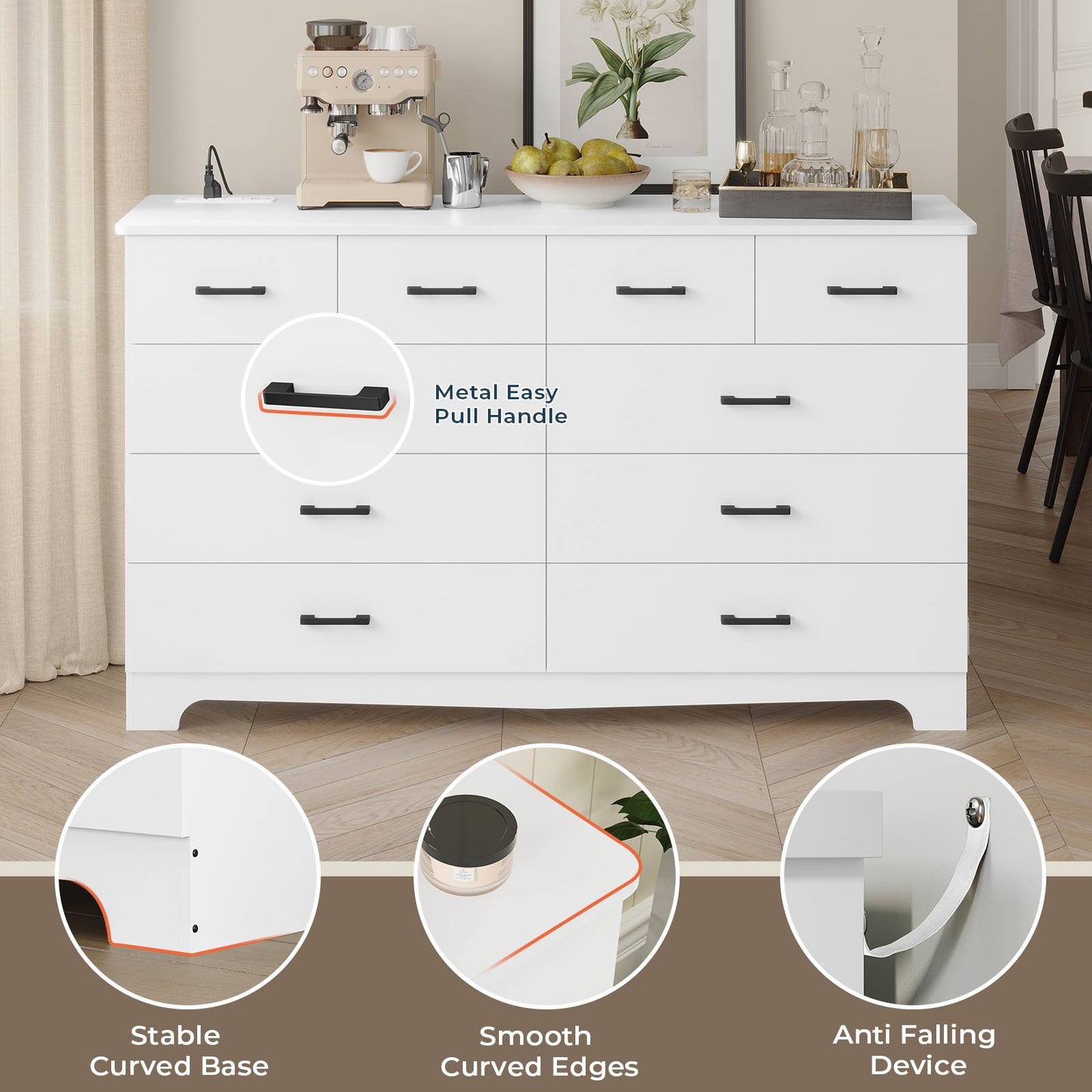 Hasuit | 55.1 Inch Wide 10 Drawer Dresser Large Chest of Drawers with Charging Station Wide Storage Clothes Closet Organizer