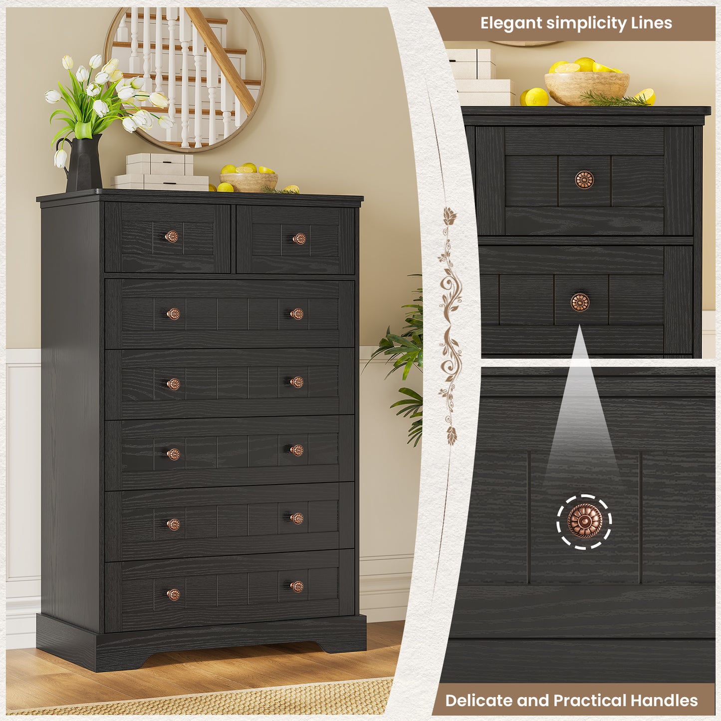 Hasuit | 51.4 Inch Tall Dresser Farmhouse 7 Drawers Dresser with Hand Carved Panel Dressers Chest of Drawers Large Wood Closet Storage Organizers