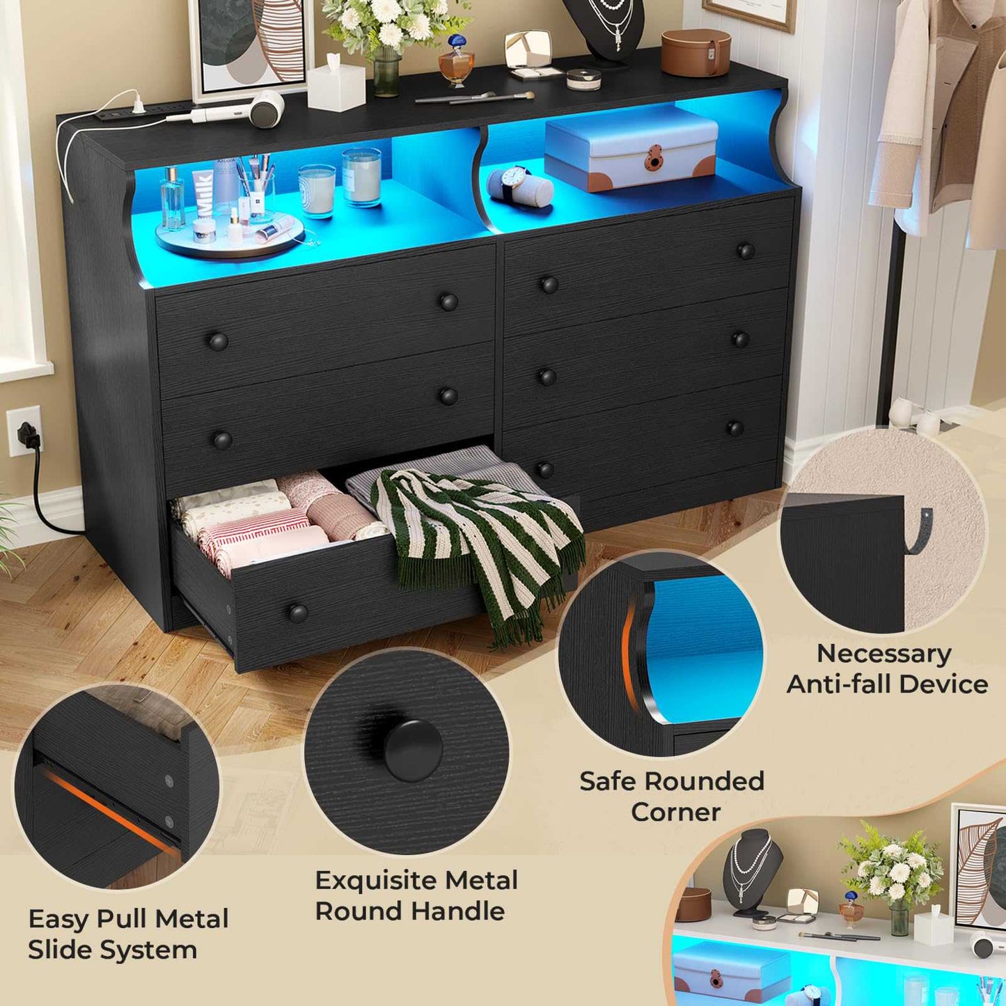 Hasuit | 47.3 Inch Wide Dresser with LED Lights and Charging Station Chest of 6 Drawers with Open Space Modern Large Capacity Storage Cabinet
