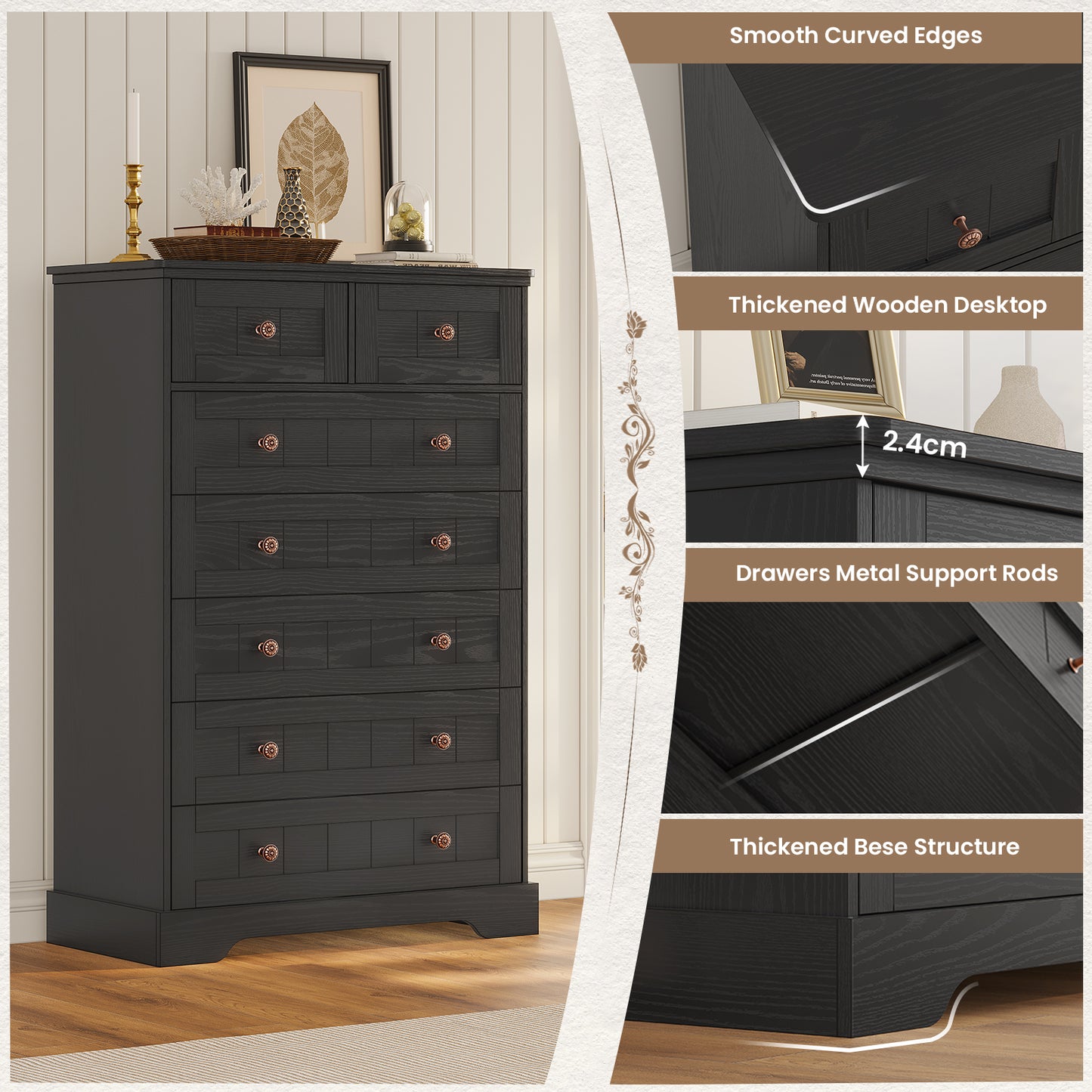 Hasuit | 51.4 Inch Tall Dresser Farmhouse 7 Drawers Dresser with Hand Carved Panel Dressers Chest of Drawers Large Wood Closet Storage Organizers
