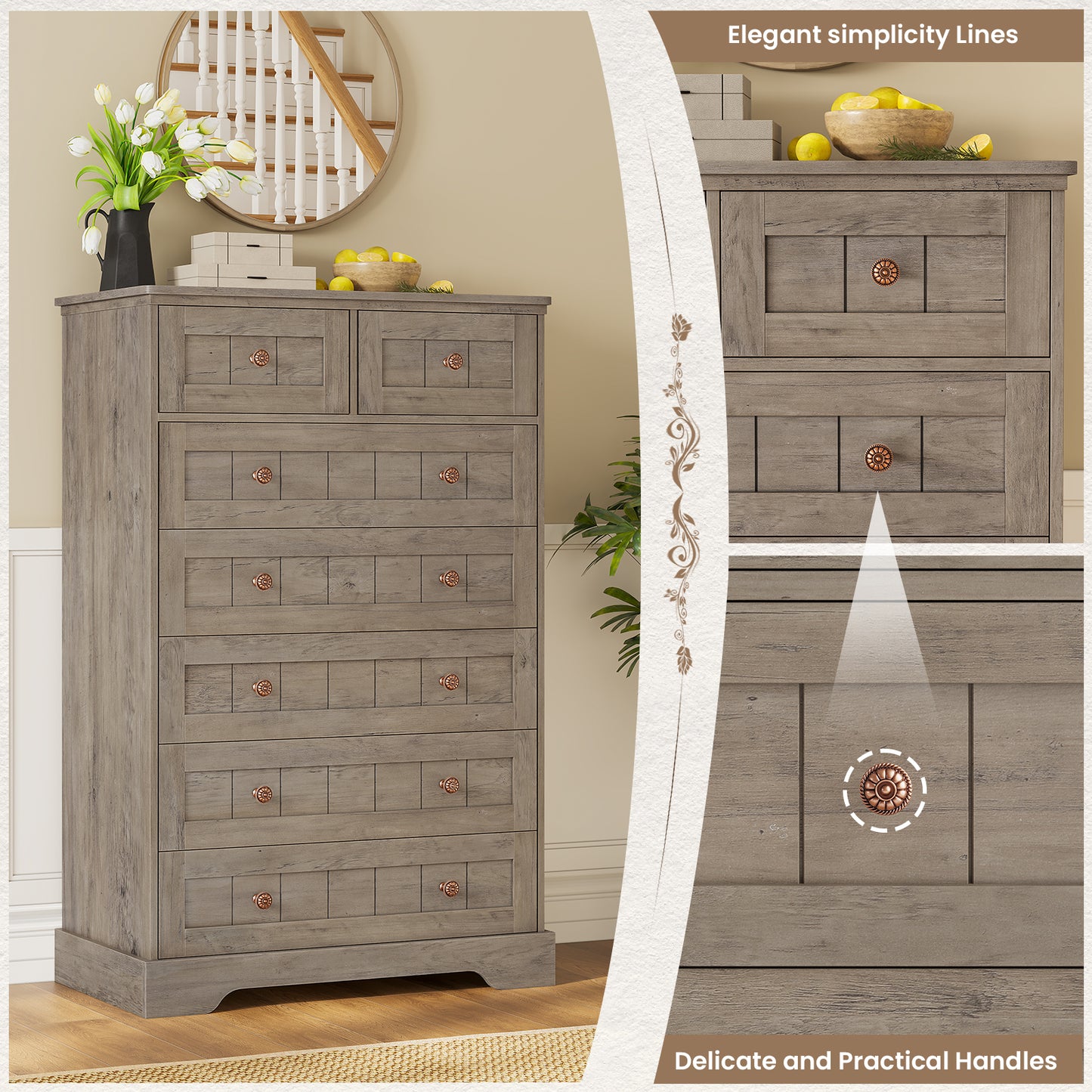 Hasuit | 51.4 Inch Tall Dresser Farmhouse 7 Drawers Dresser with Hand Carved Panel Dressers Chest of Drawers Large Wood Closet Storage Organizers