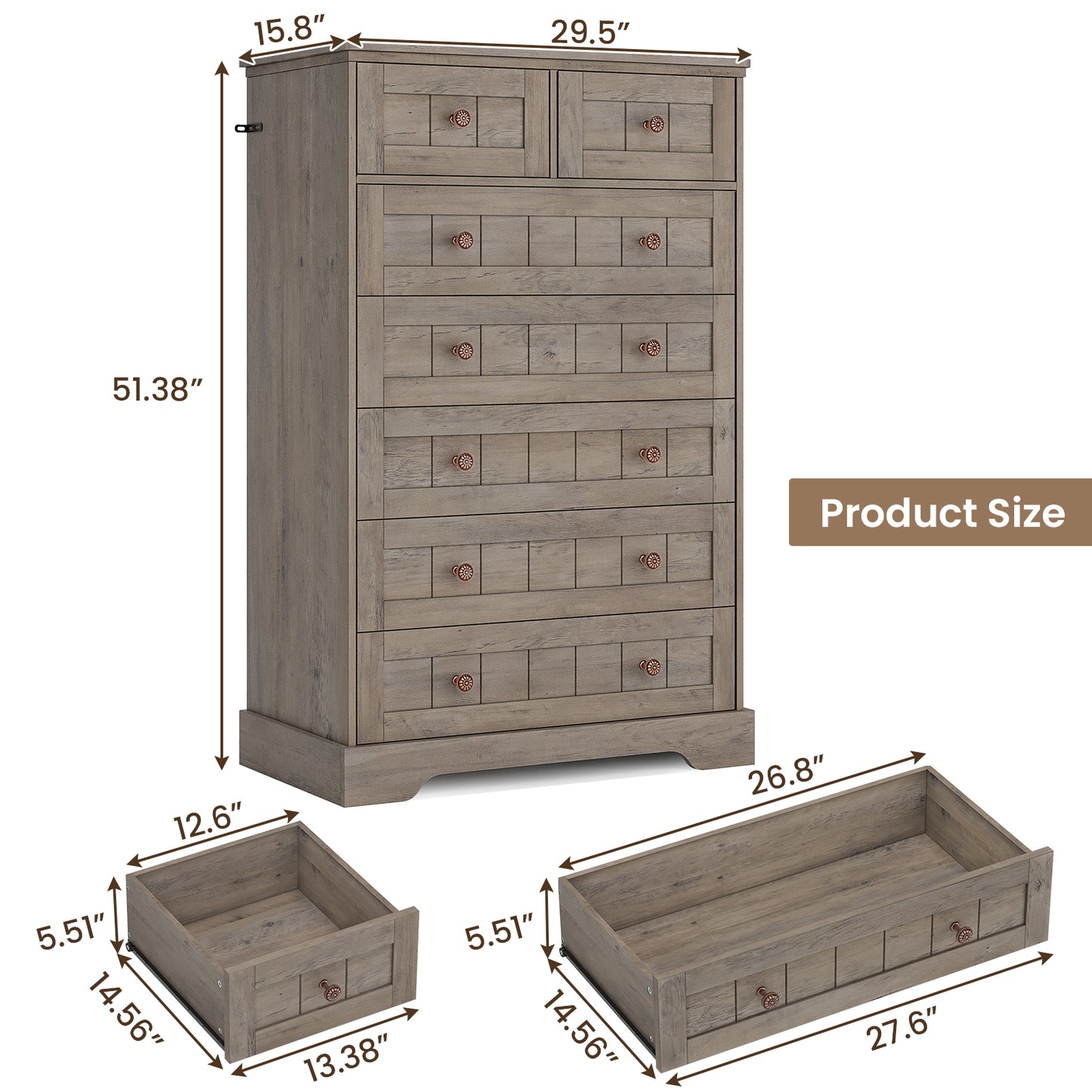 Hasuit | 51.4 Inch Tall Dresser Farmhouse 7 Drawers Dresser with Hand Carved Panel Dressers Chest of Drawers Large Wood Closet Storage Organizers