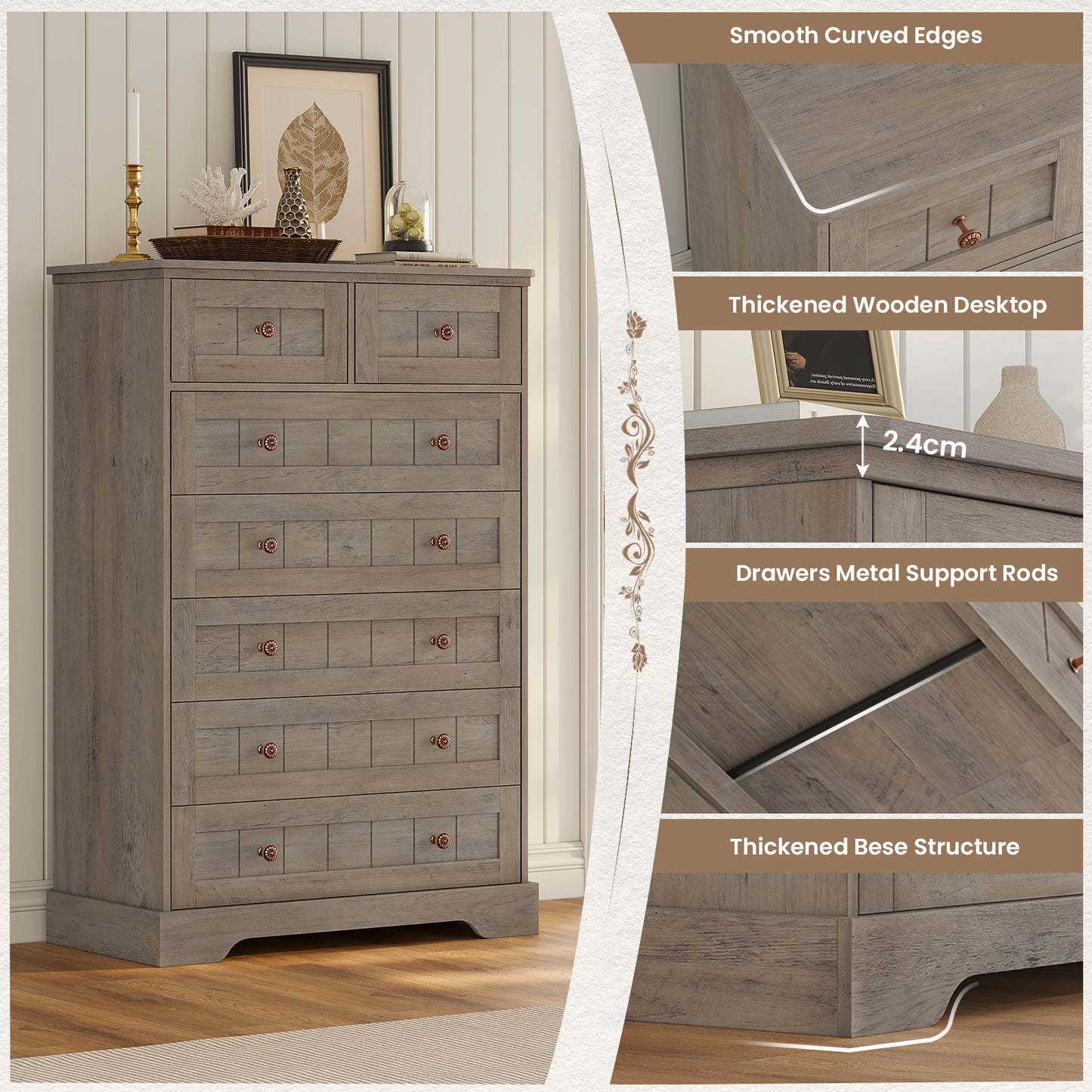 Hasuit | 51.4 Inch Tall Dresser Farmhouse 7 Drawers Dresser with Hand Carved Panel Dressers Chest of Drawers Large Wood Closet Storage Organizers