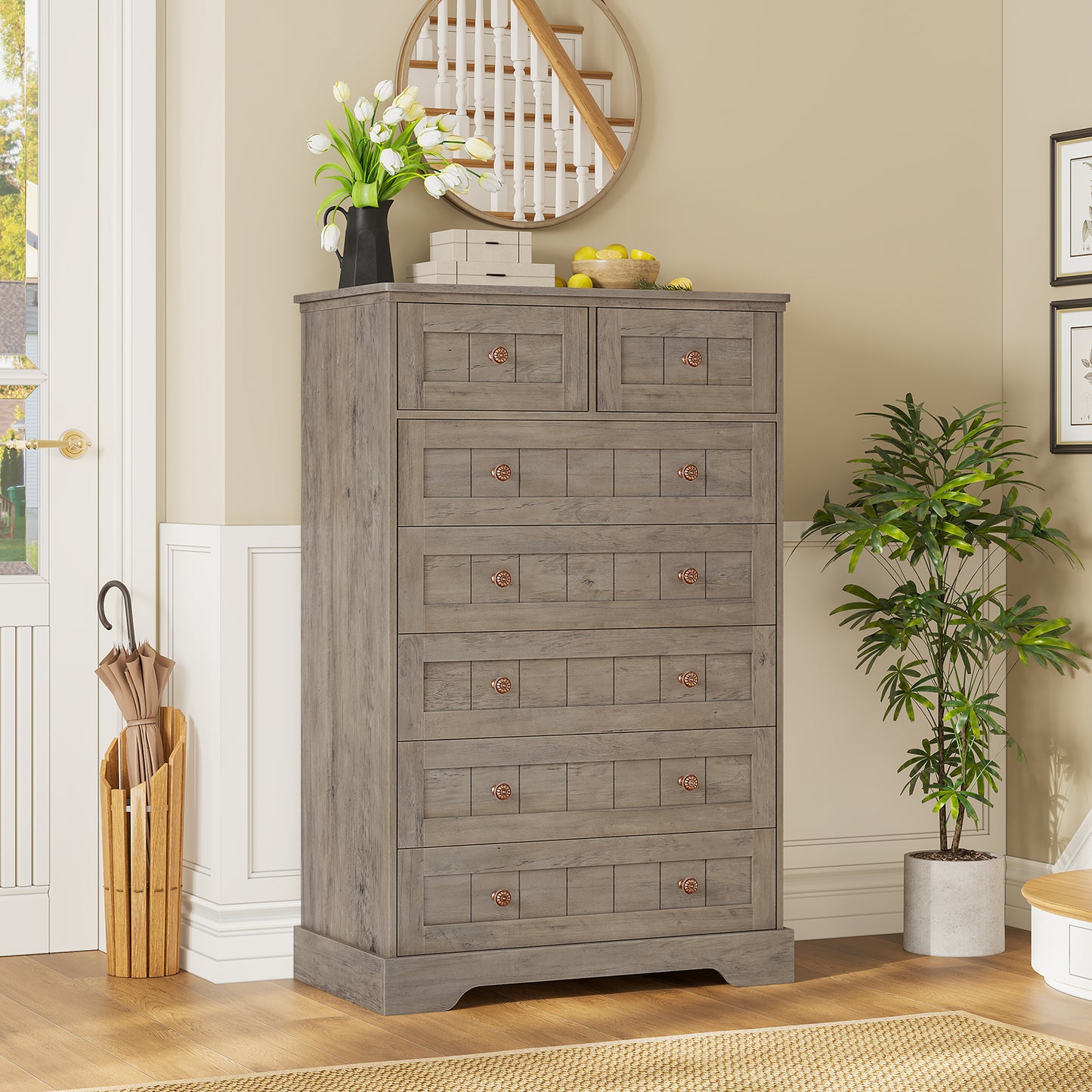 Hasuit | 51.4 Inch Tall Dresser Farmhouse 7 Drawers Dresser with Hand Carved Panel Dressers Chest of Drawers Large Wood Closet Storage Organizers