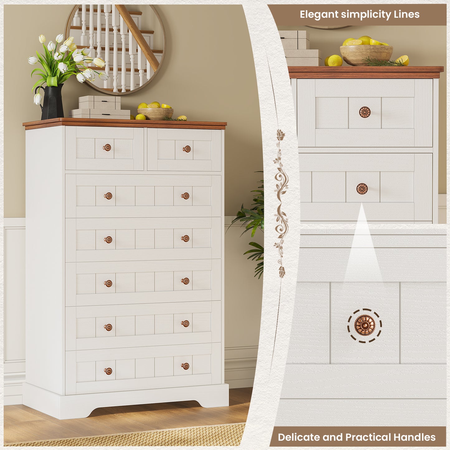 Hasuit | 51.4 Inch Tall Dresser Farmhouse 7 Drawers Dresser with Hand Carved Panel Dressers Chest of Drawers Large Wood Closet Storage Organizers