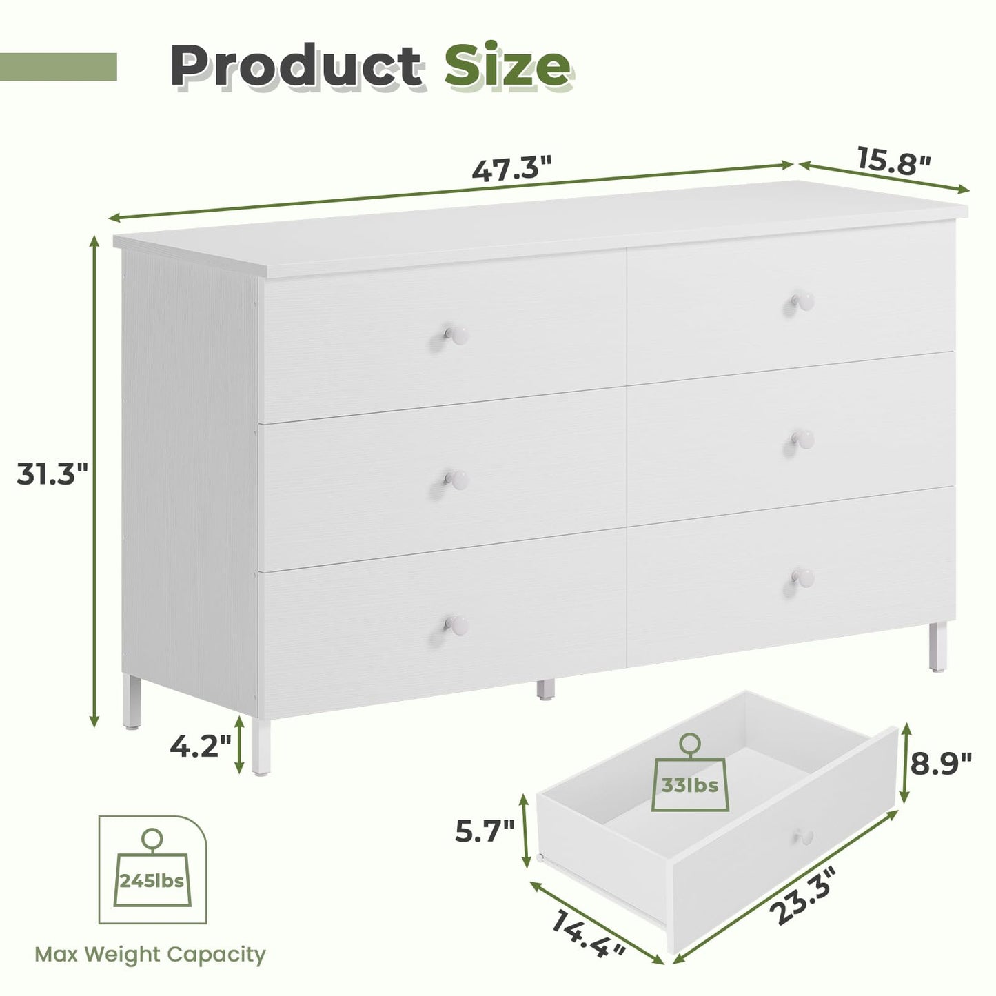 Hasuit | 47.3 Inch Double Dresser Wooden Dressers with Heavy Sturdy Steel Frame Large Capacity Storage Chest of 6 Drawers