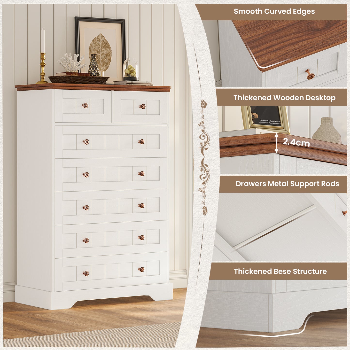 Hasuit | 51.4 Inch Tall Dresser Farmhouse 7 Drawers Dresser with Hand Carved Panel Dressers Chest of Drawers Large Wood Closet Storage Organizers