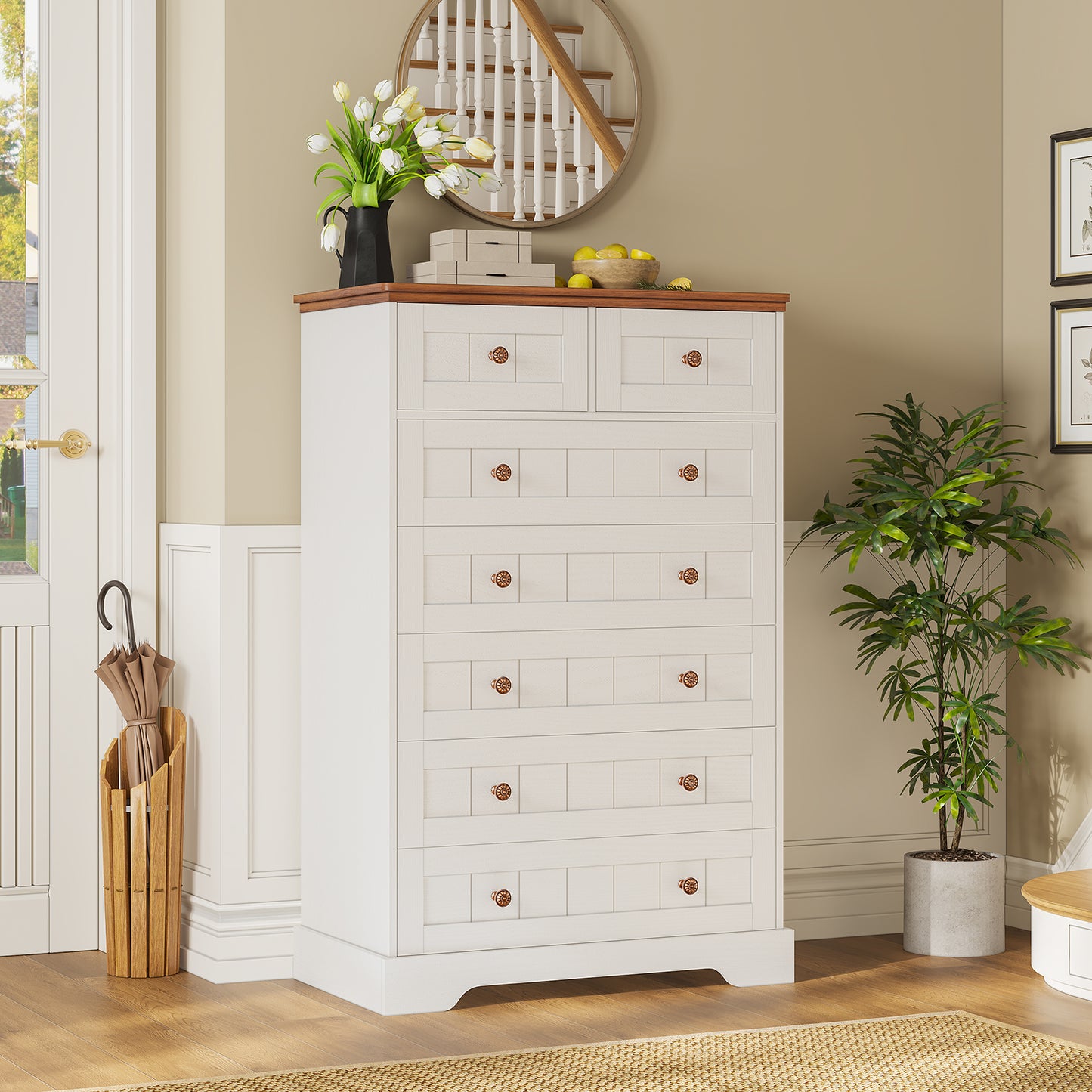 Hasuit | 51.4 Inch Tall Dresser Farmhouse 7 Drawers Dresser with Hand Carved Panel Dressers Chest of Drawers Large Wood Closet Storage Organizers