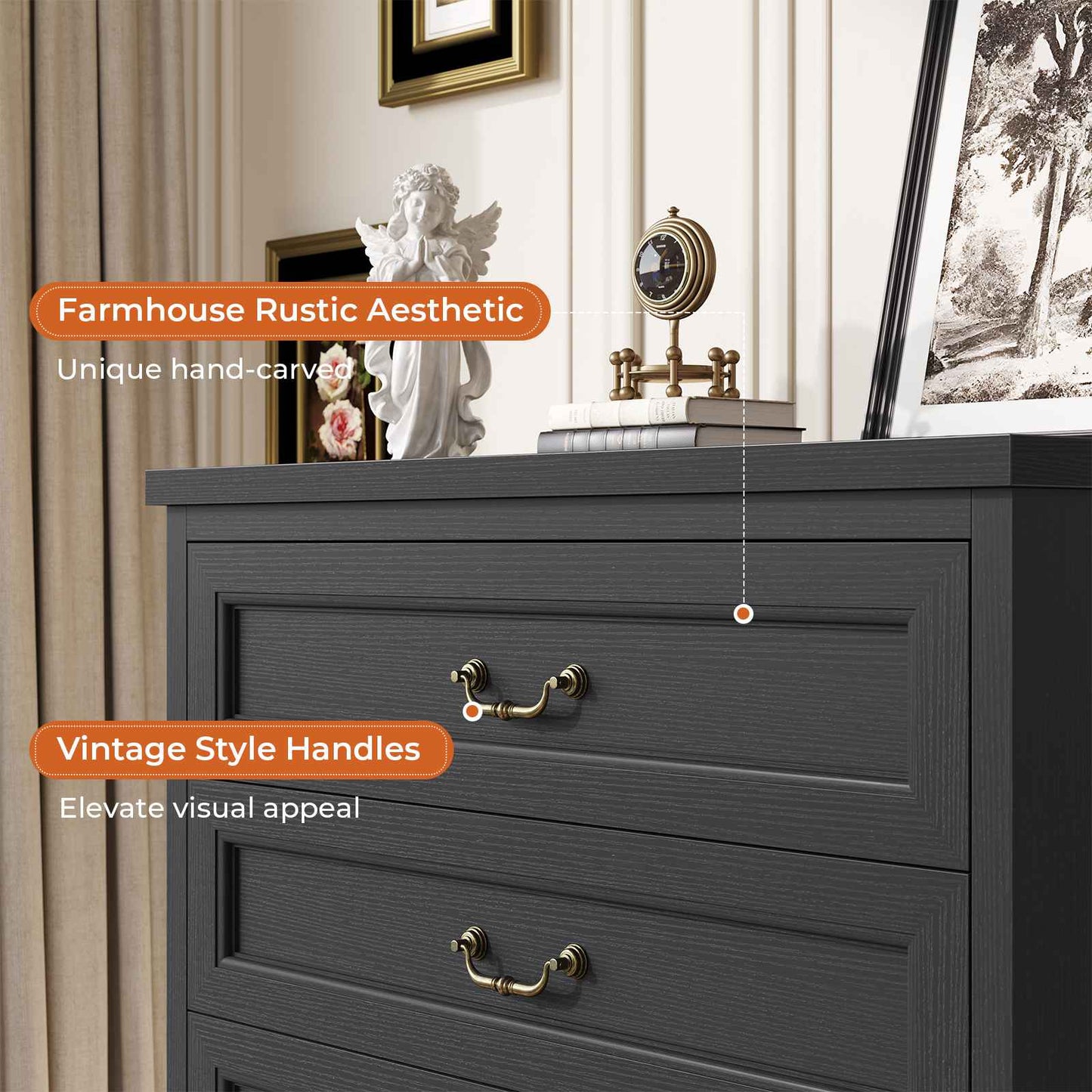 Hasuit | 51.3 Inch Farmhouse 6 Drawers Dresser Tall Wood Dressers Rustic Storage Cabinet Organizer Grey Dresser for Bedroom Hallway