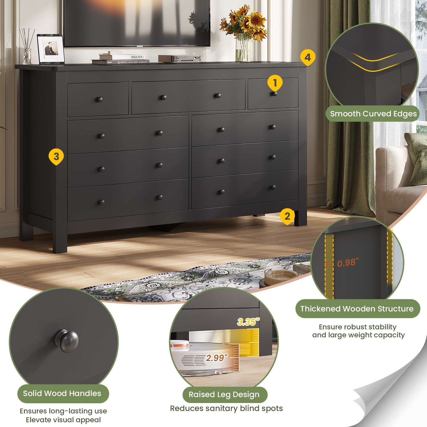 Hasuit | 55.1 Inch Dresser with 9 Drawers Modern Long Dressers with Large Capacity Storage Organizer Cabinet Wide Dresser White