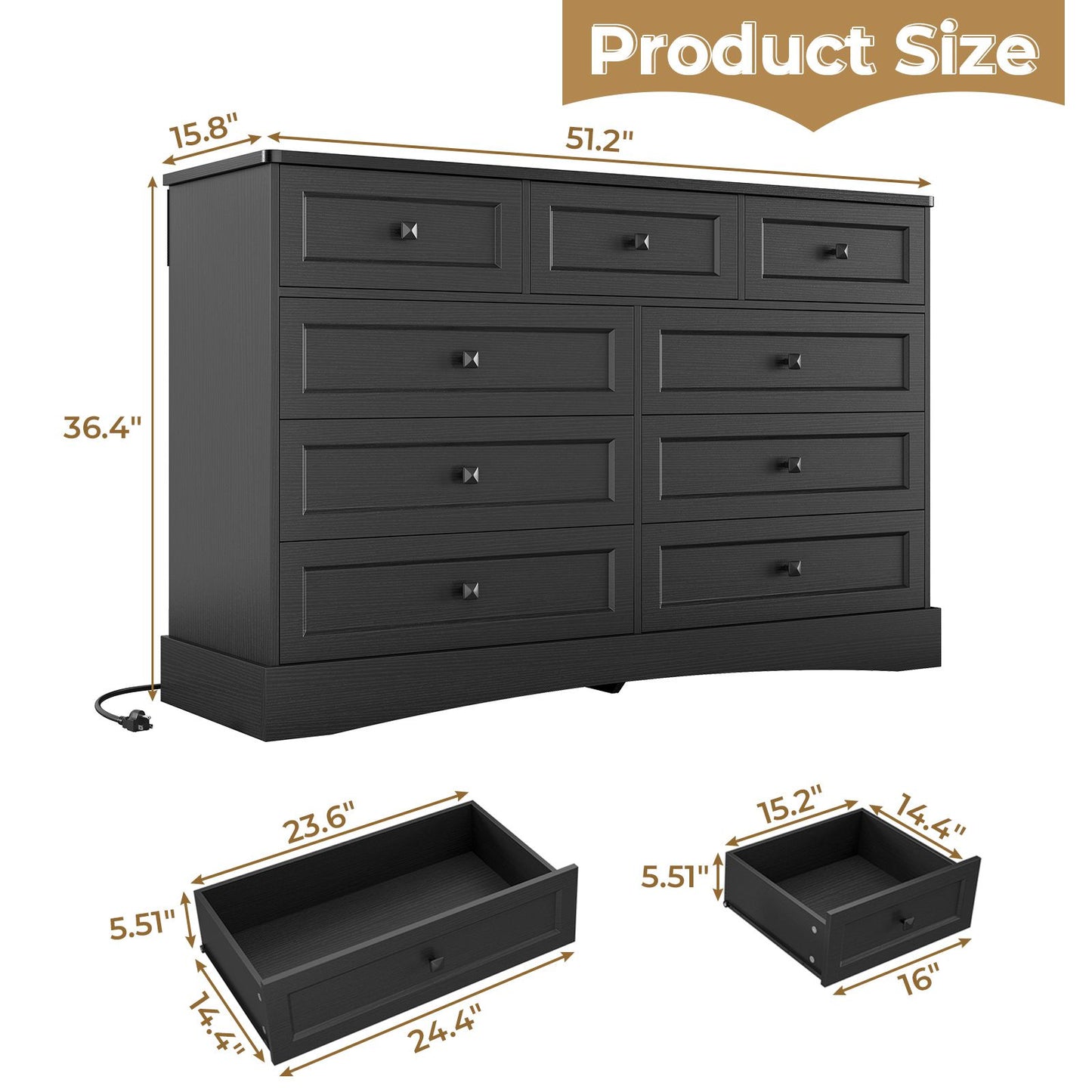 Hasuit | 51.2 Inch Dresser with 9 Drawers Large Farmhouse Drawer Dressers with Charging Station Wooden Storage Tower Organizer for Bedroom White