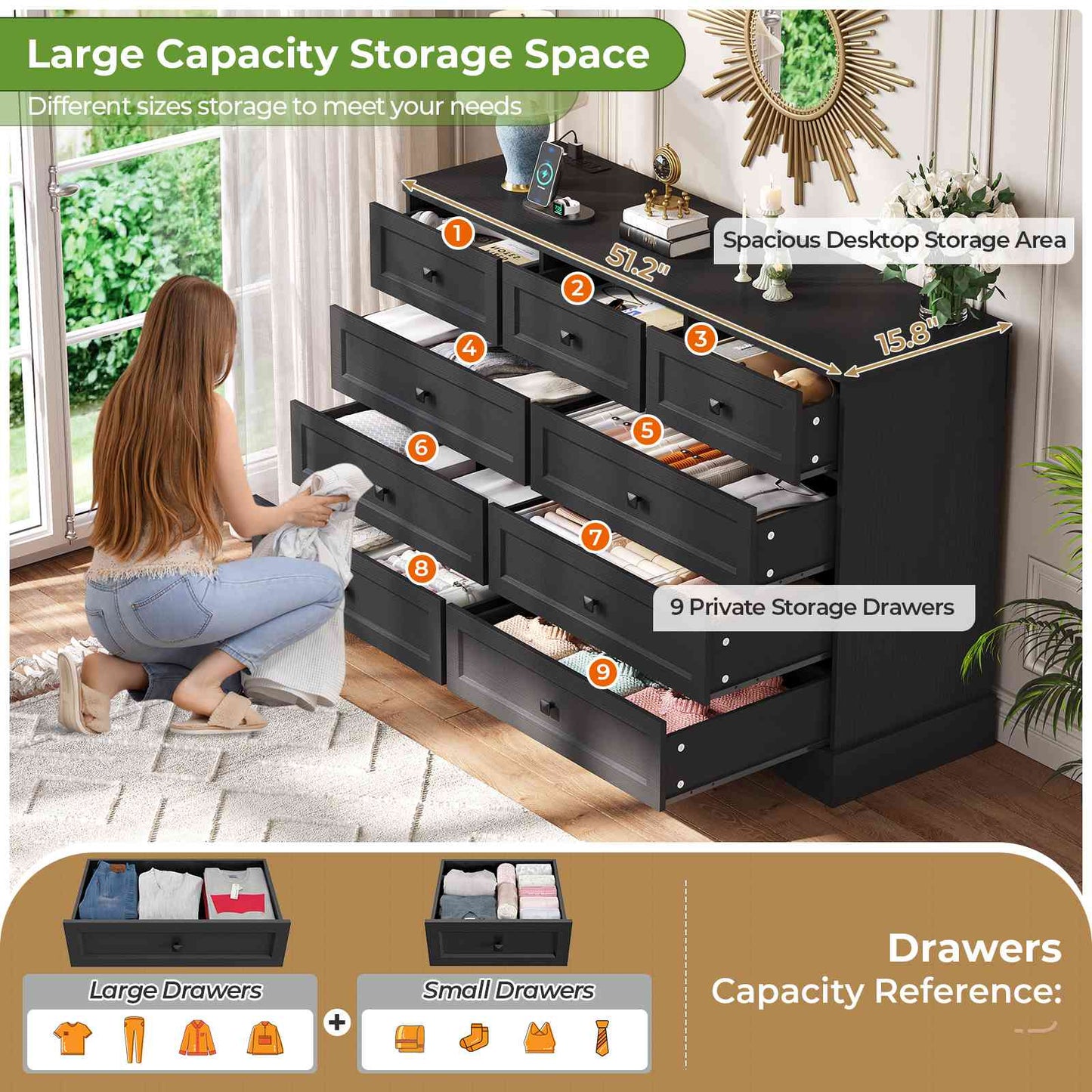 Hasuit | 51.2 Inch Dresser with 9 Drawers Large Farmhouse Drawer Dressers with Charging Station Wooden Storage Tower Organizer for Bedroom White