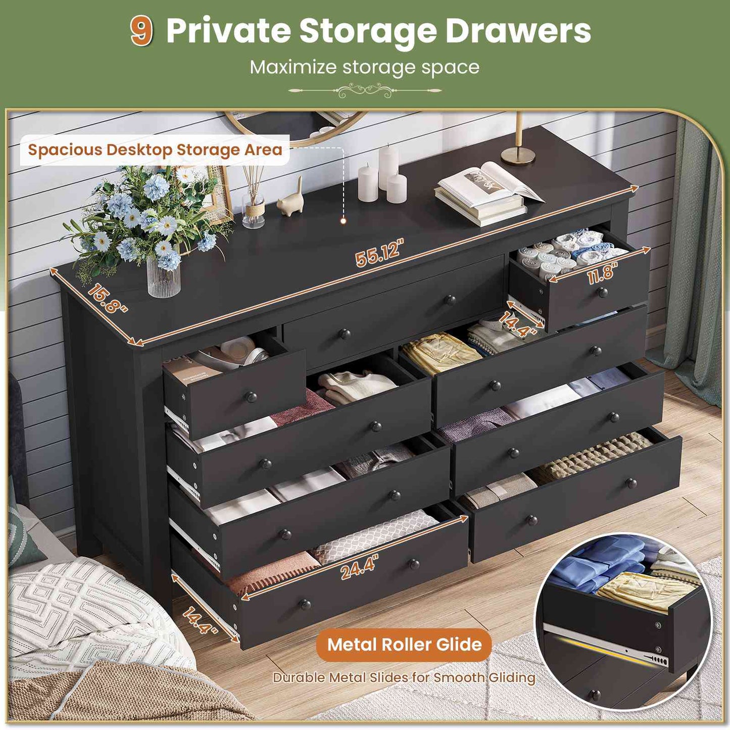 Hasuit | 55.1 Inch Dresser with 9 Drawers Modern Long Dressers with Large Capacity Storage Organizer Cabinet Wide Dresser White