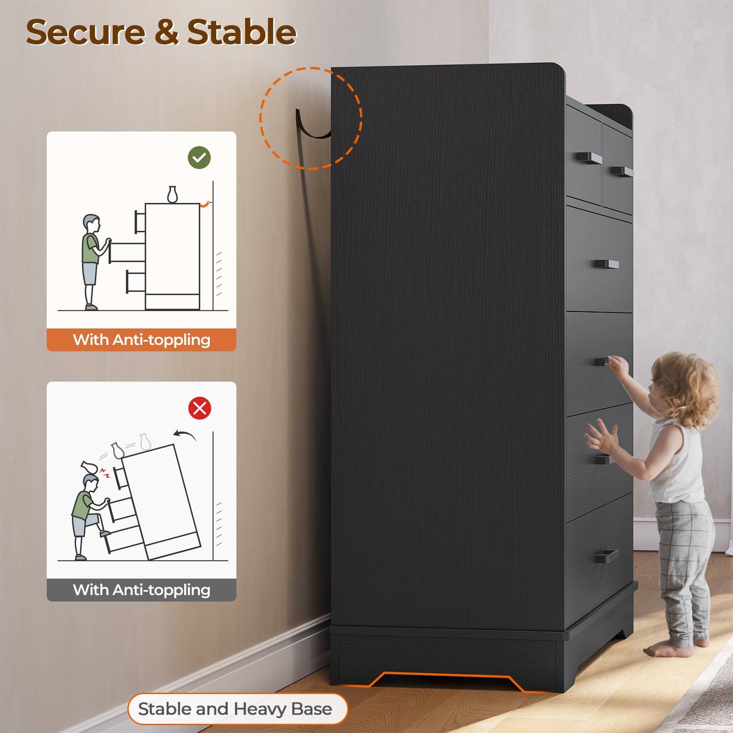 Hasuit | 26.6 Inch Dresser Wooden Storage Chest of 6 Drawers Vertical Large Capacity Clothing Storage Organizer Tall Dressers