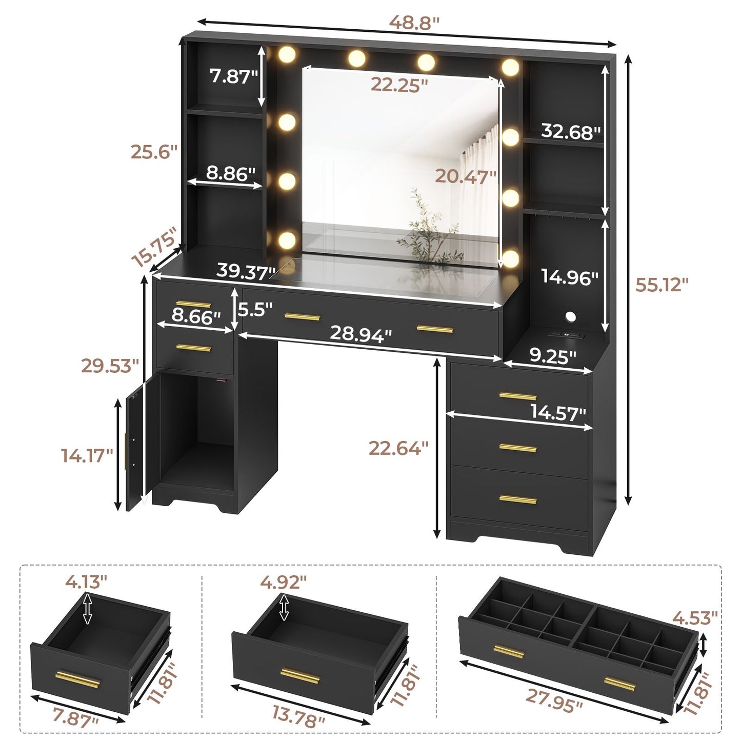 Hasuit | 48.8 Inch Large Vanity Desk with Lighted Mirror & Power Outlet White Makeup Vanity Table with 6 Drawers 4 Shelves and 1 Storage Cabinet