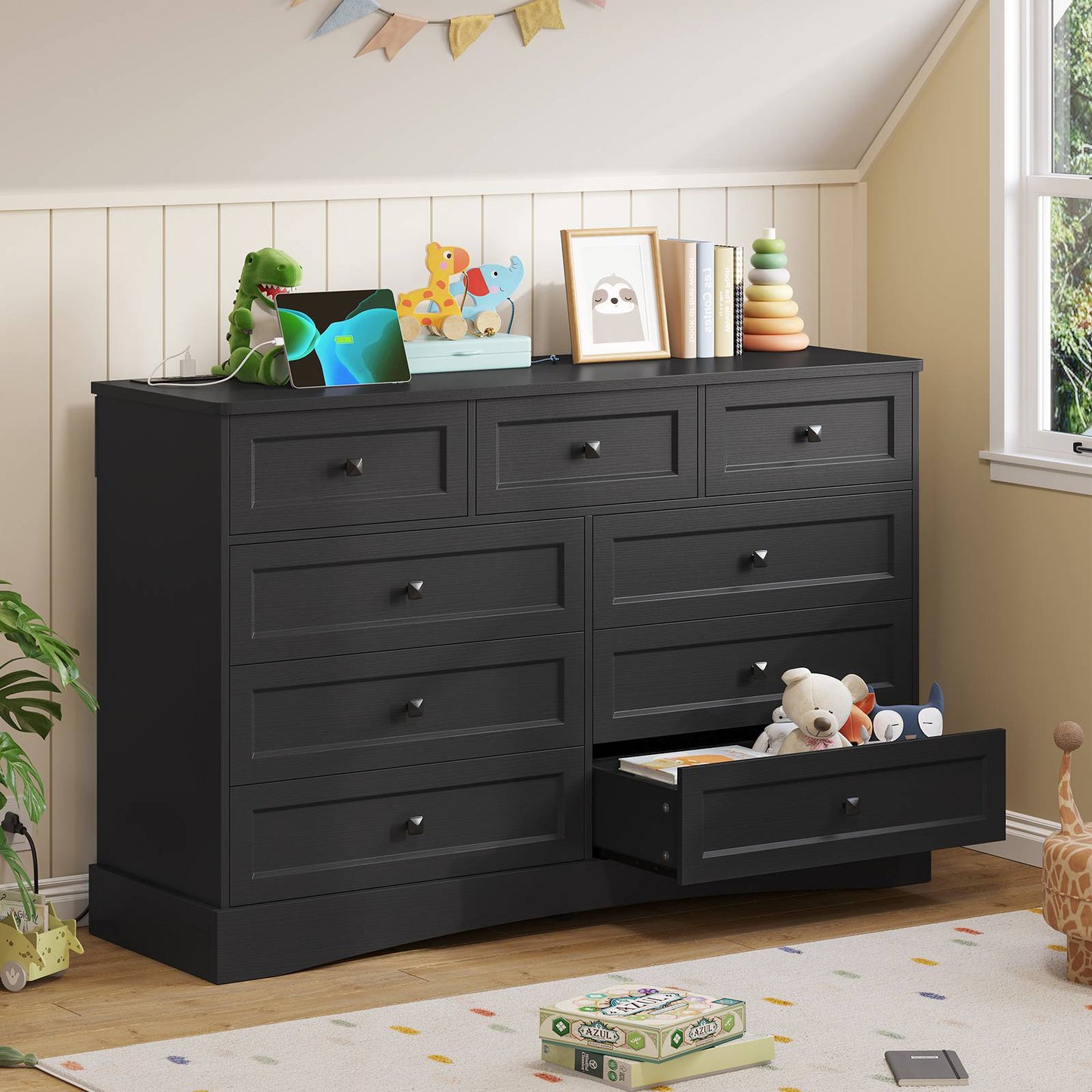 Hasuit | 51.2 Inch Dresser with 9 Drawers Large Farmhouse Drawer Dressers with Charging Station Wooden Storage Tower Organizer for Bedroom White