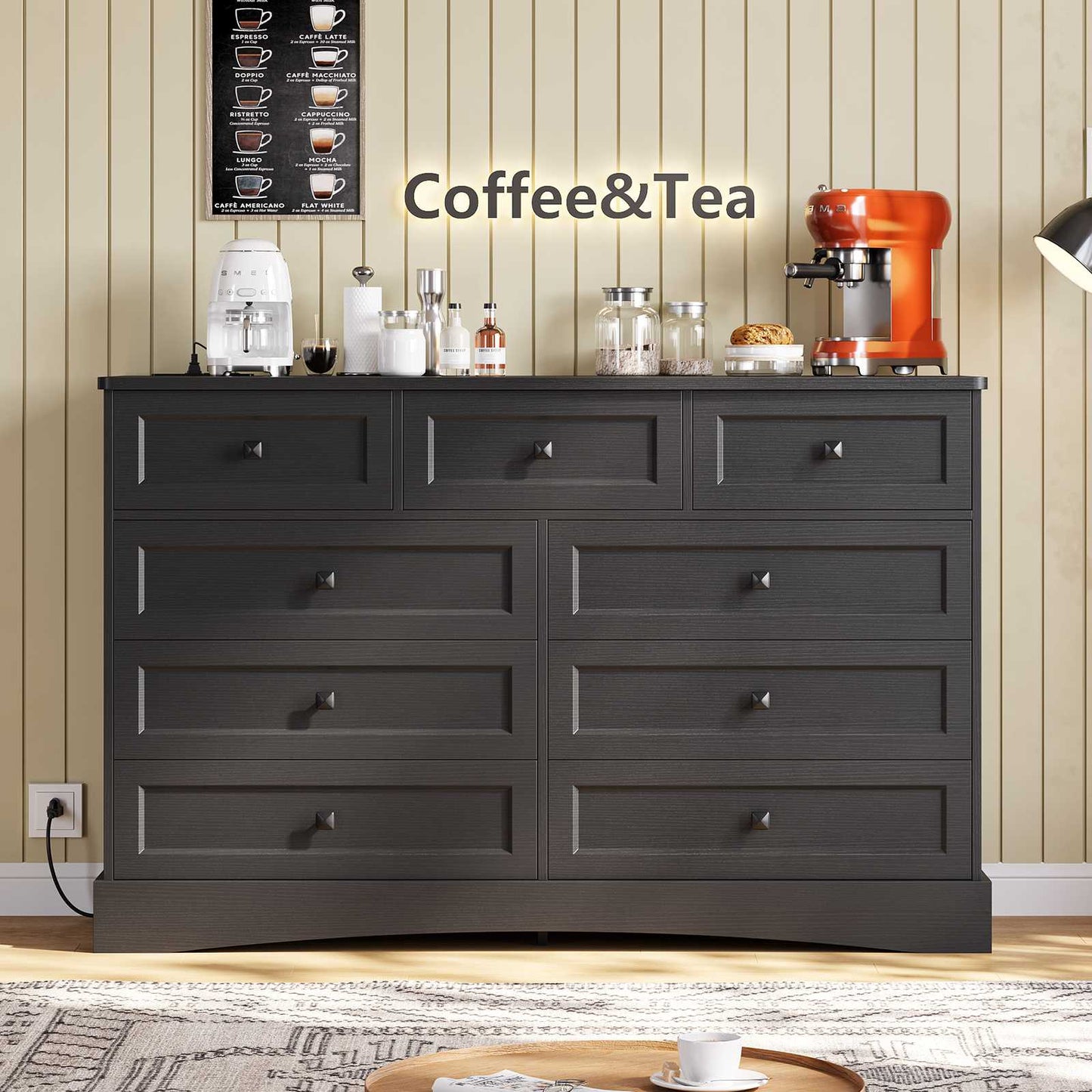 Hasuit | 51.2 Inch Dresser with 9 Drawers Large Farmhouse Drawer Dressers with Charging Station Wooden Storage Tower Organizer for Bedroom White