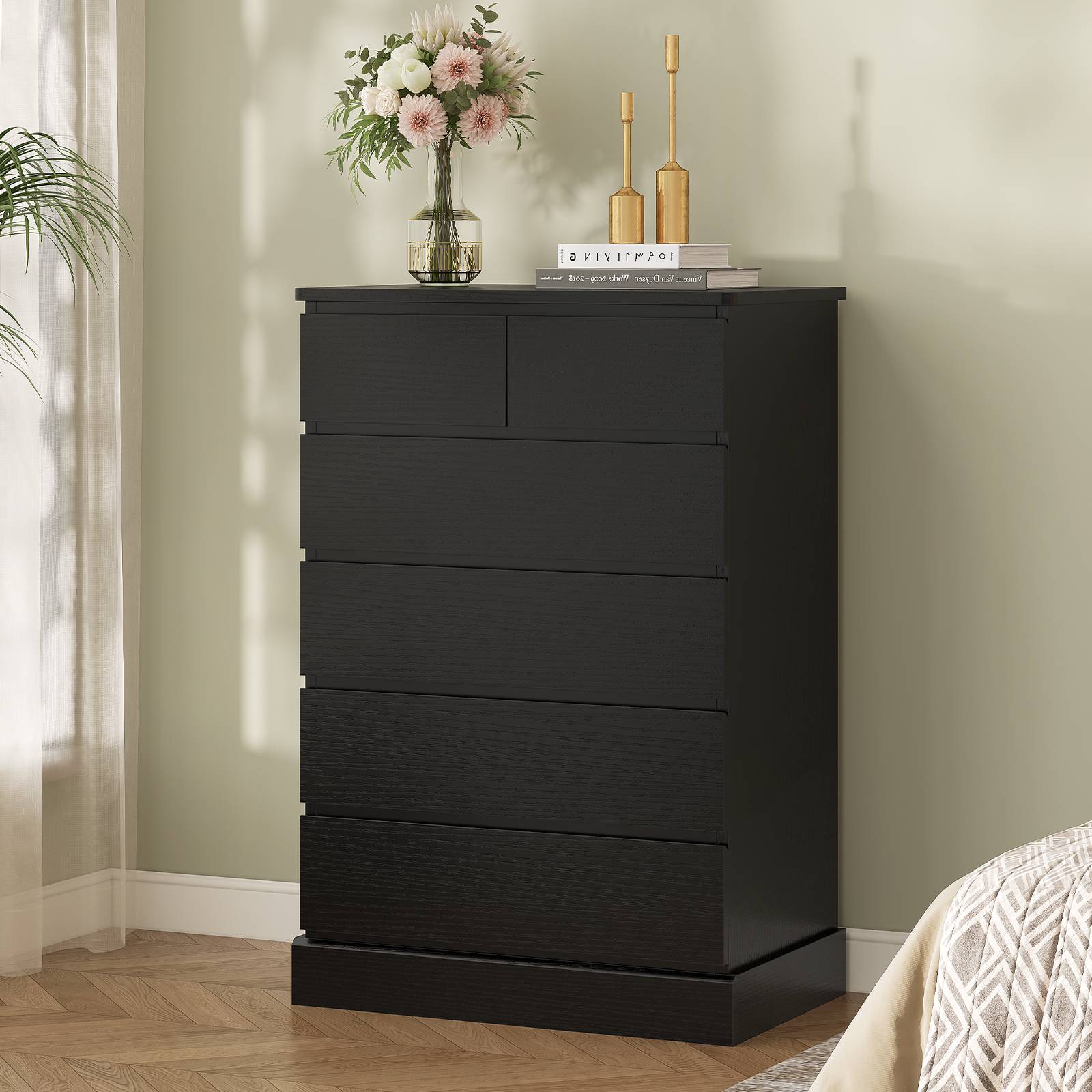 Black Tall Dresser With 6 Drawers, 43.9 Inch Tall Dresser And Chest Of Drawers, Modern Wooden Closet Organizer And Storage Cabinet For Bedroom,