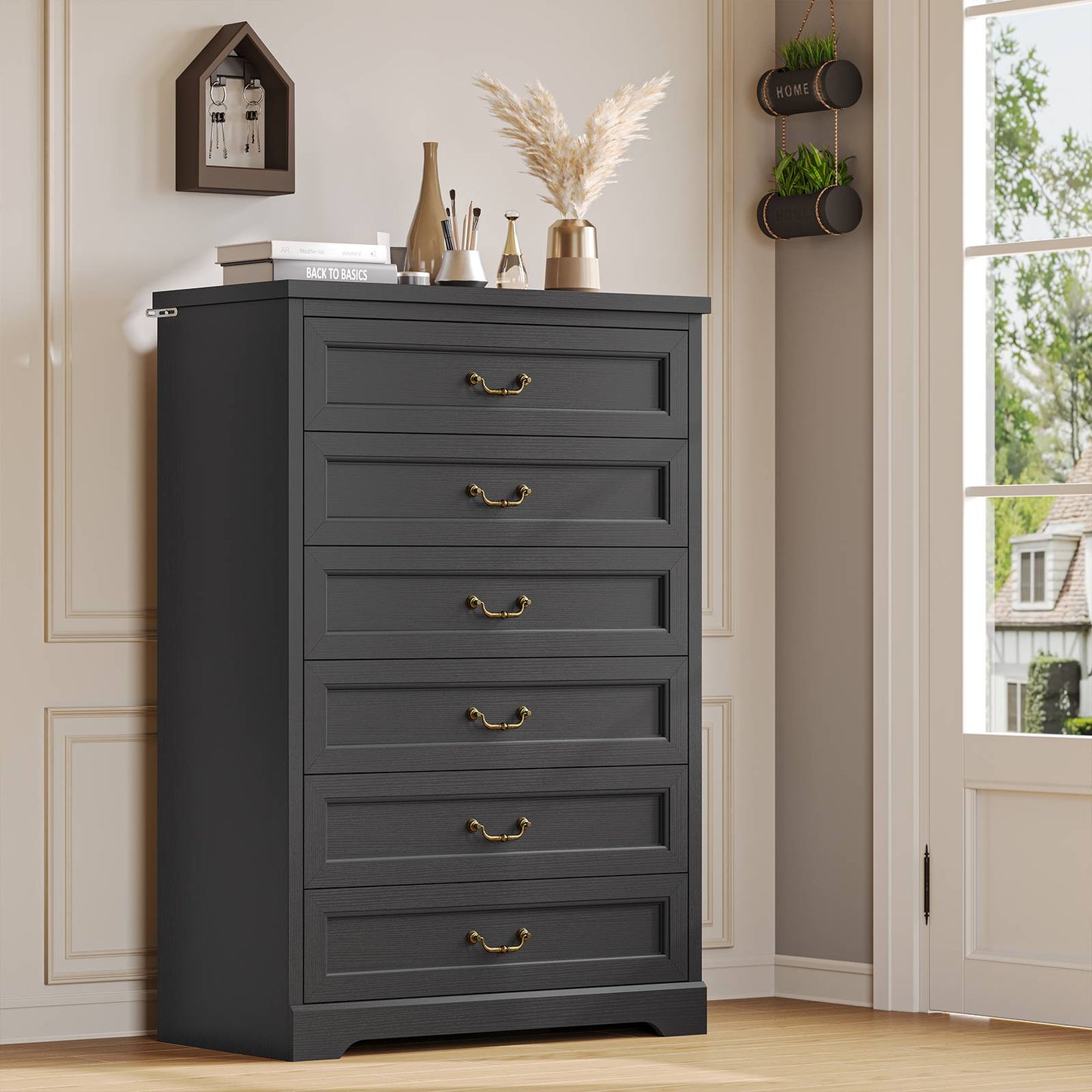 Hasuit | 51.3 Inch Farmhouse 6 Drawers Dresser Tall Wood Dressers Rustic Storage Cabinet Organizer Grey Dresser for Bedroom Hallway
