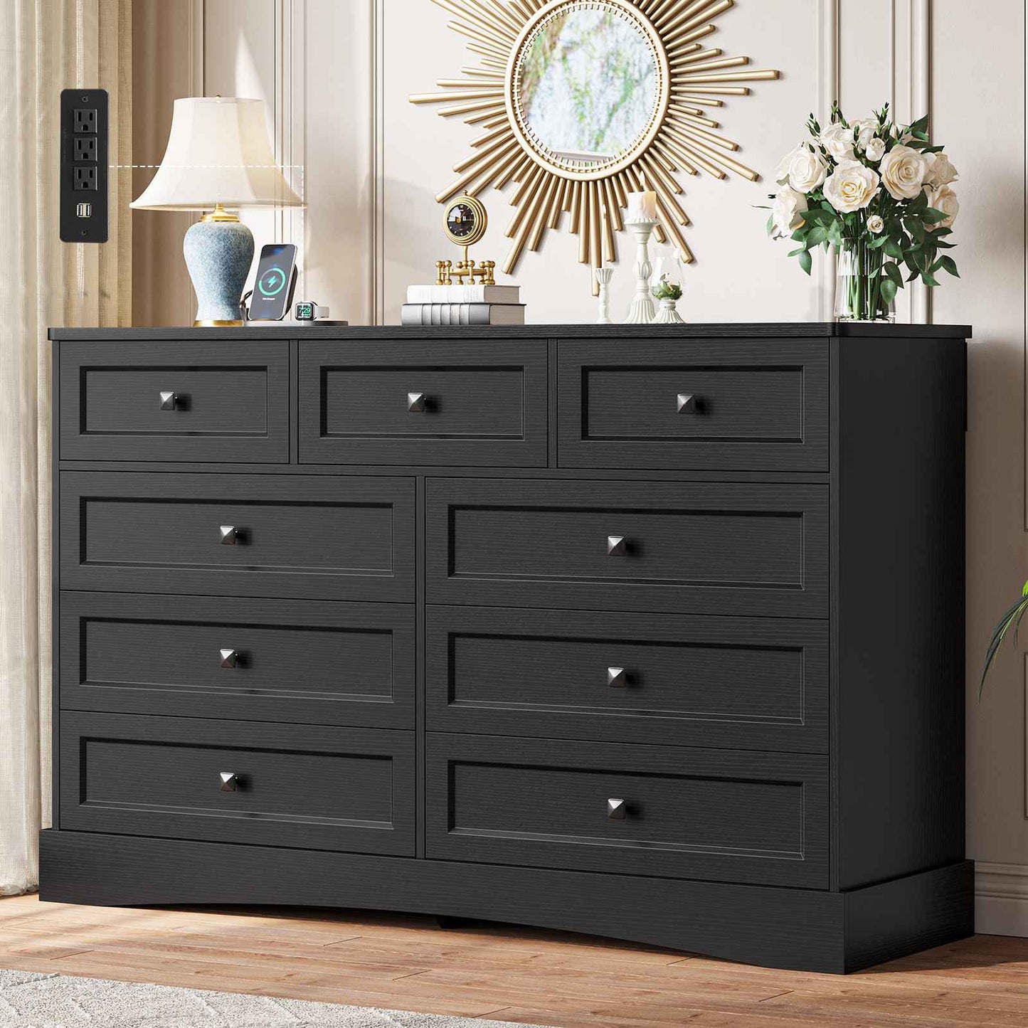 Hasuit | 51.2 Inch Dresser with 9 Drawers Large Farmhouse Drawer Dressers with Charging Station Wooden Storage Tower Organizer for Bedroom White