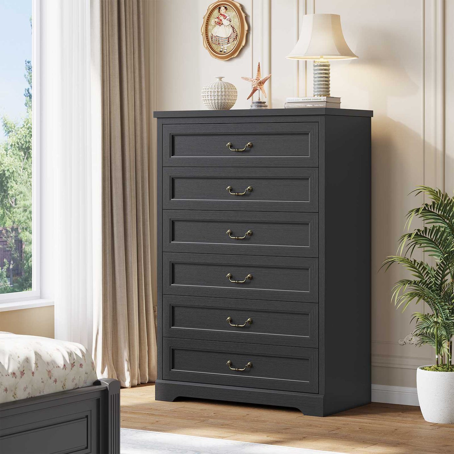 Hasuit | 51.3 Inch Farmhouse 6 Drawers Dresser Tall Wood Dressers Rustic Storage Cabinet Organizer Grey Dresser for Bedroom Hallway