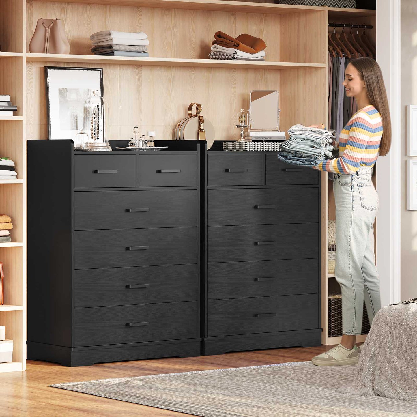 Hasuit | 26.6 Inch Dresser Wooden Storage Chest of 6 Drawers Vertical Large Capacity Clothing Storage Organizer Tall Dressers