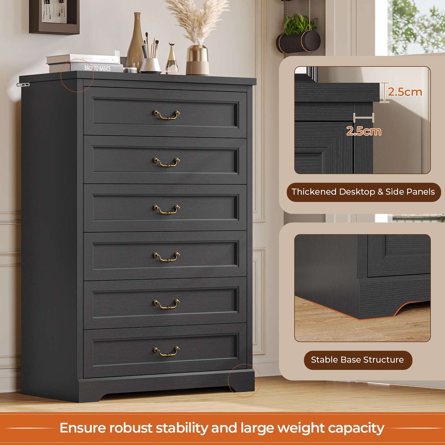 Hasuit | 51.3 Inch Farmhouse 6 Drawers Dresser Tall Wood Dressers Rustic Storage Cabinet Organizer Grey Dresser for Bedroom Hallway