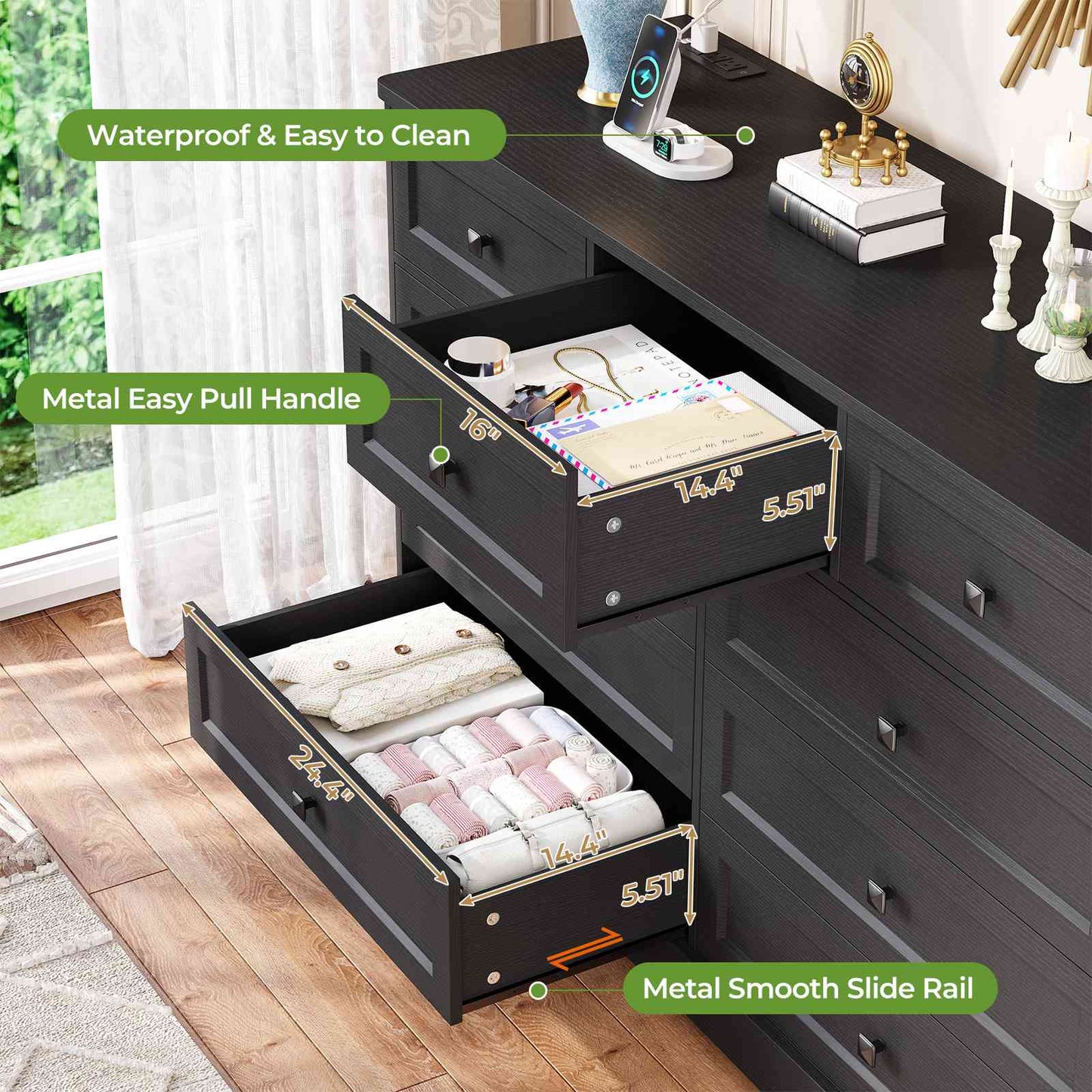 Hasuit | 51.2 Inch Dresser with 9 Drawers Large Farmhouse Drawer Dressers with Charging Station Wooden Storage Tower Organizer for Bedroom White