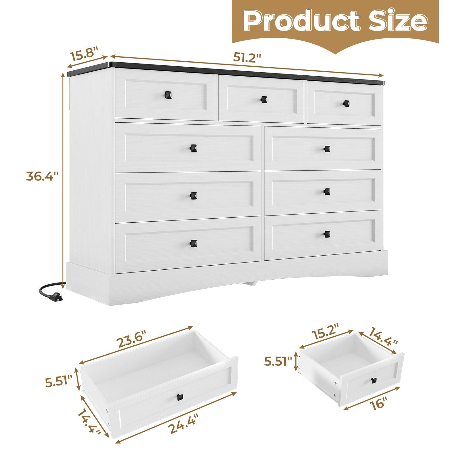 Hasuit | 51.2 Inch Dresser with 9 Drawers Large Farmhouse Drawer Dressers with Charging Station Wooden Storage Tower Organizer for Bedroom White
