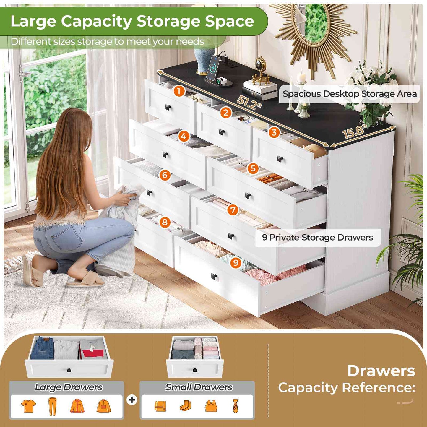 Hasuit | 51.2 Inch Dresser with 9 Drawers Large Farmhouse Drawer Dressers with Charging Station Wooden Storage Tower Organizer for Bedroom White