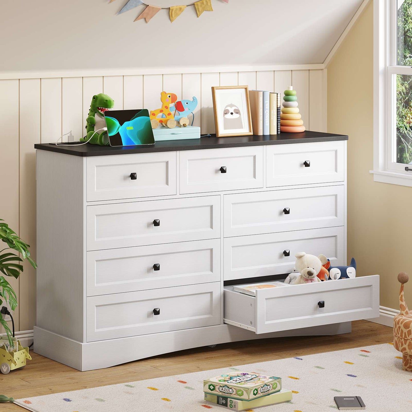 Hasuit | 51.2 Inch Dresser with 9 Drawers Large Farmhouse Drawer Dressers with Charging Station Wooden Storage Tower Organizer for Bedroom White
